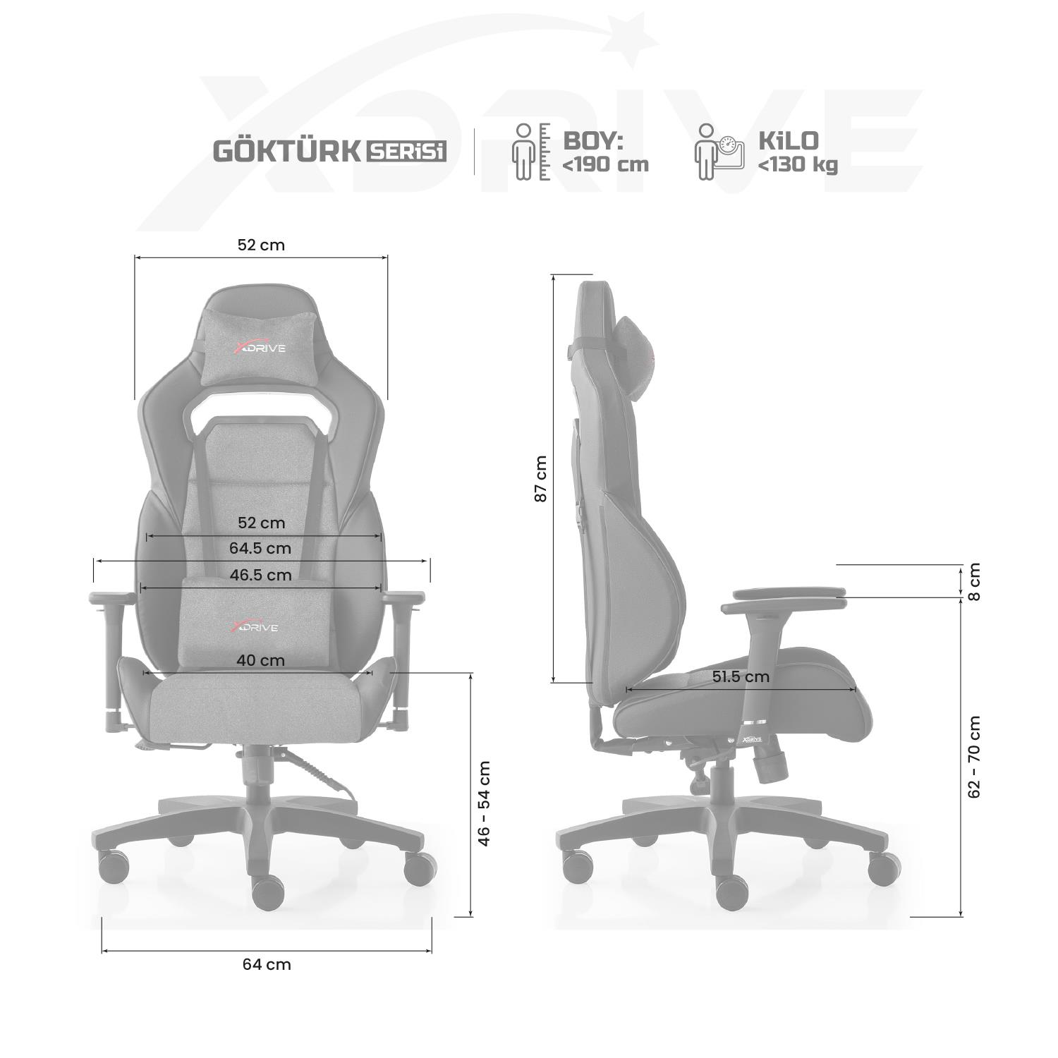 Oyuncu koltuğu ölçüleri: Genişlik 52cm, Derinlik 51.5cm, Yükseklik 87cm. 190cm ve 130kg'a kadar uygun.