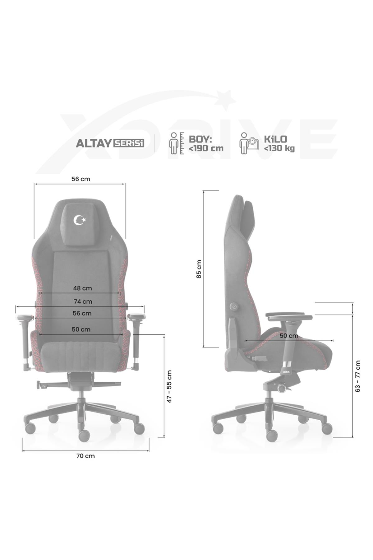 Ölçülü siyah oyuncu koltuğunun teknik çizimi.