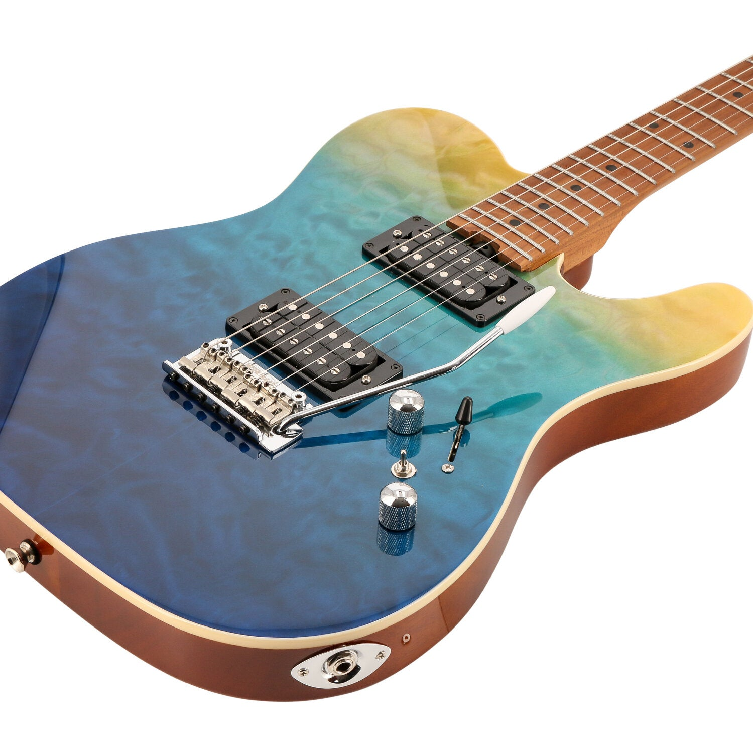 Een elektrische gitaar met een blauw-gele gradietafwerking, metalen brug en zwarte elementen.