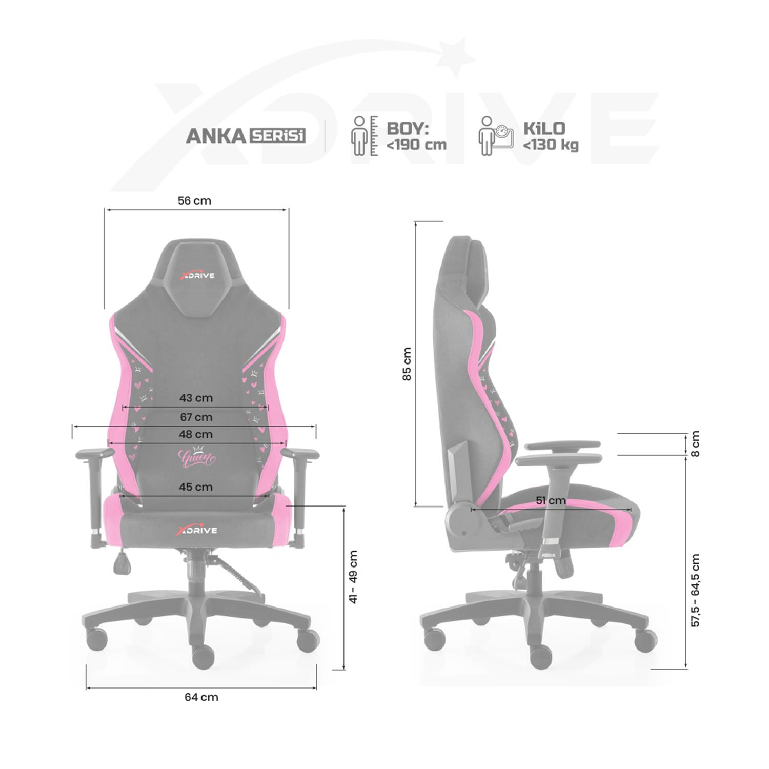 Pembe detaylı gri oyuncu koltuğu ve ölçüleri.