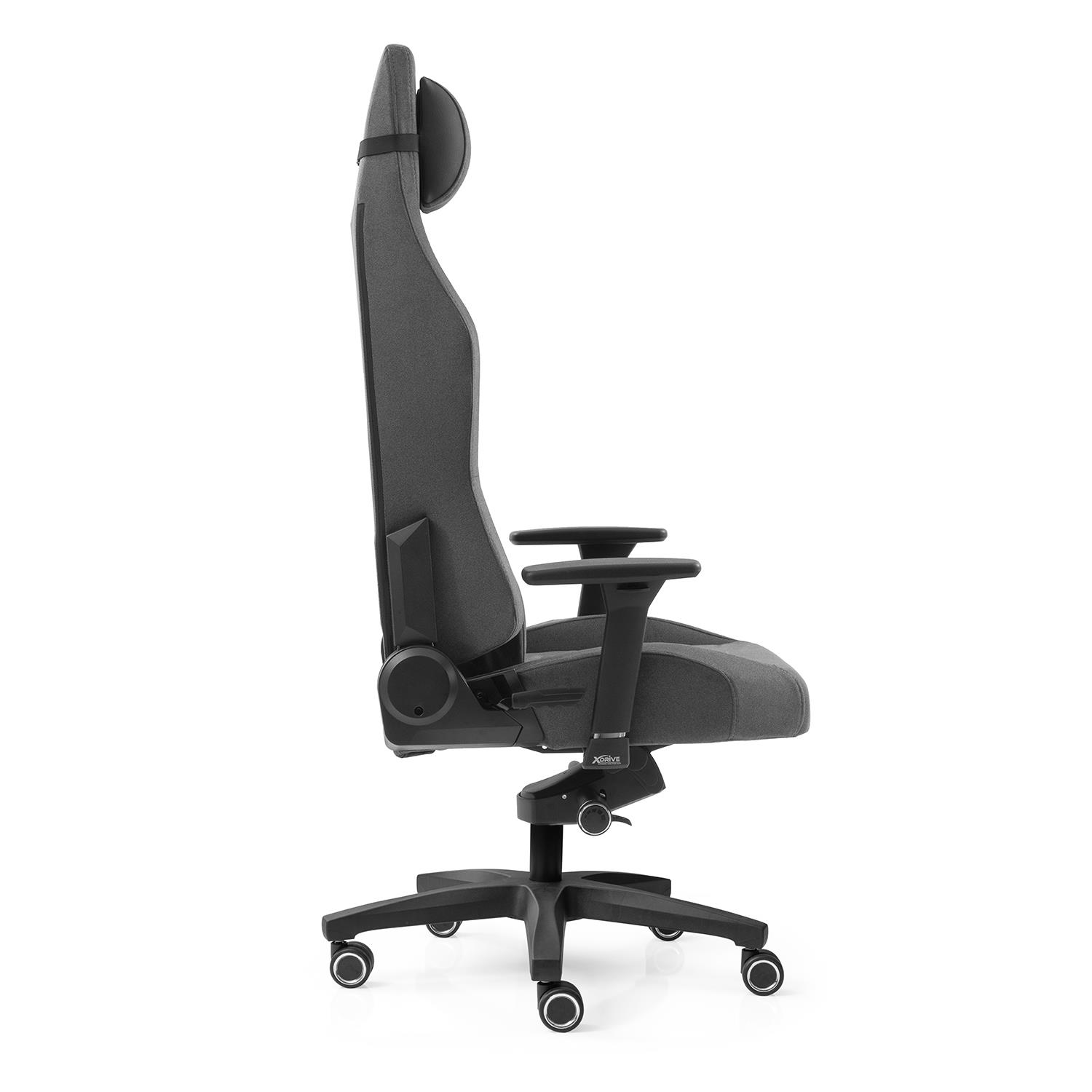 Baş dayamalı ve kolçaklı gri ofis koltuğu.