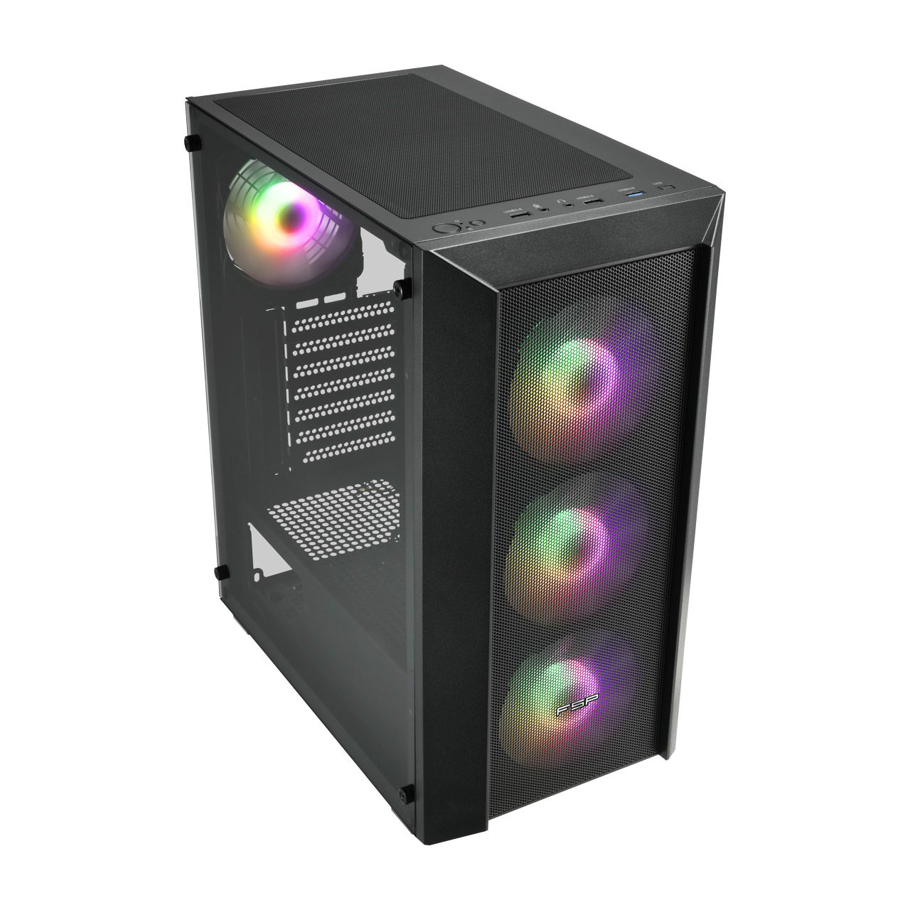 Cam yan panel ve RGB fanlı siyah PC kasası.