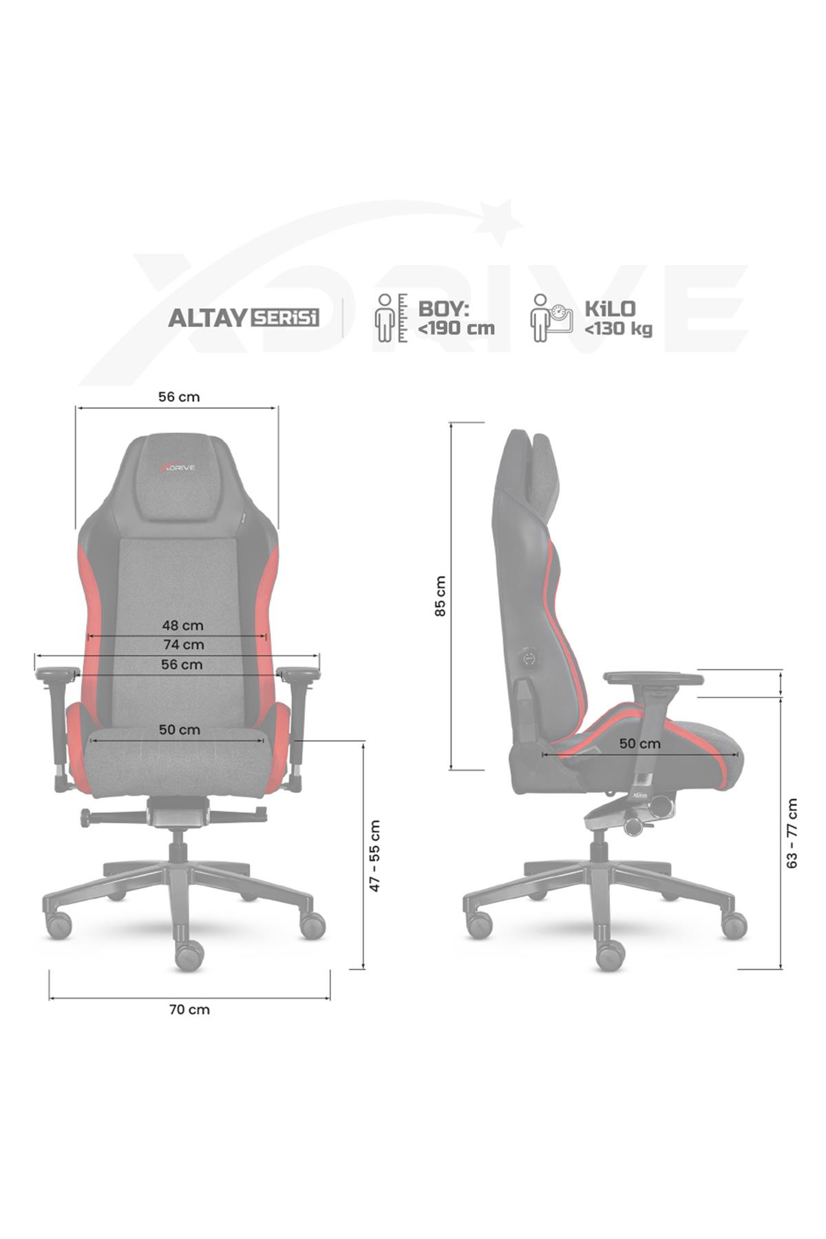 Boyutlarıyla gaming koltuğu: 56cm en, 85cm yükseklik, 50cm oturma genişliği.
