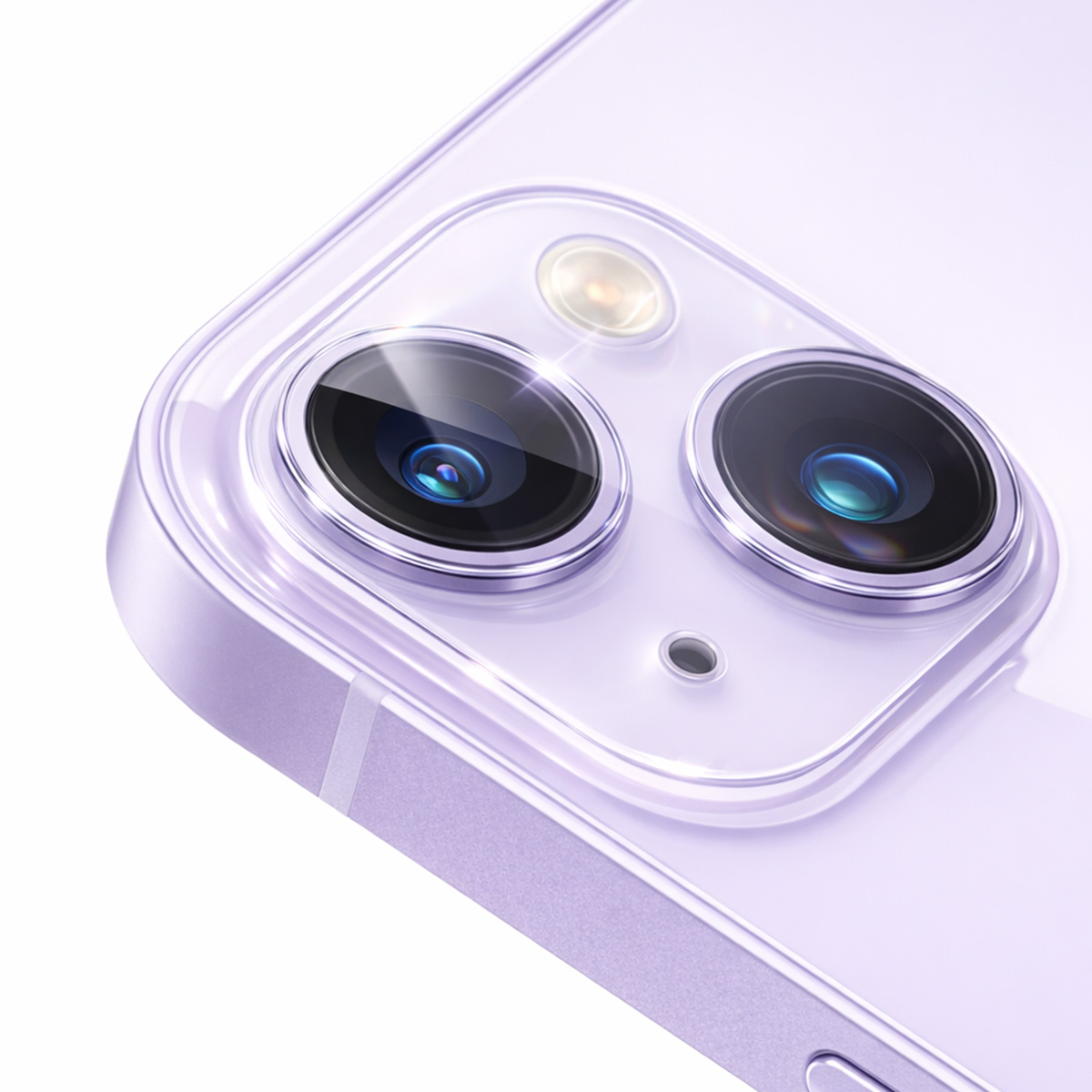 Gros plan de l'arrière d'un iPhone violet, montrant deux caméras et le flash.