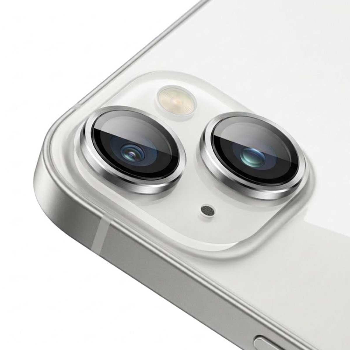 Gros plan des doubles objectifs de caméra et du flash sur un smartphone blanc.