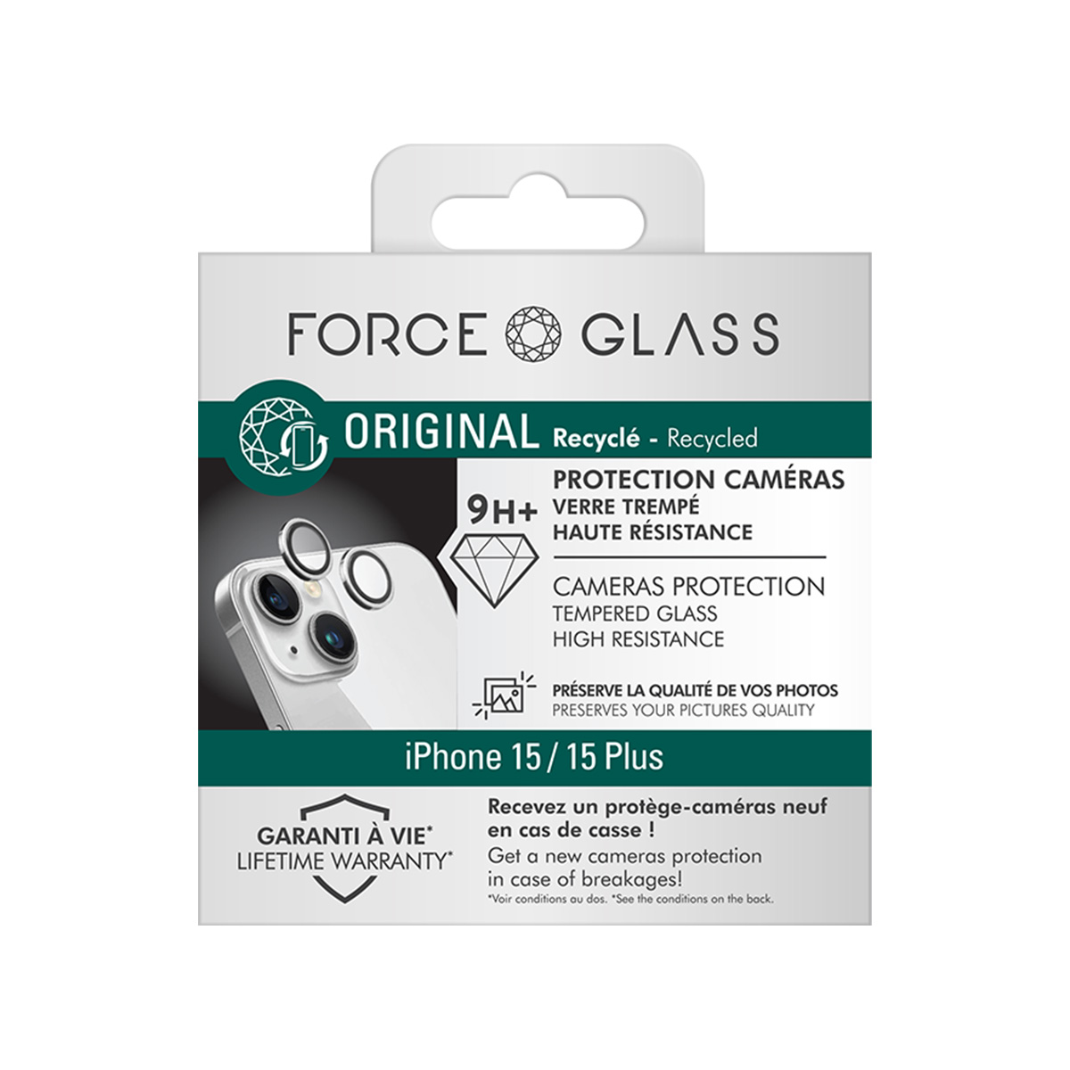 Emballage de protection caméra FORCE GLASS pour iPhone 15/15 Plus.