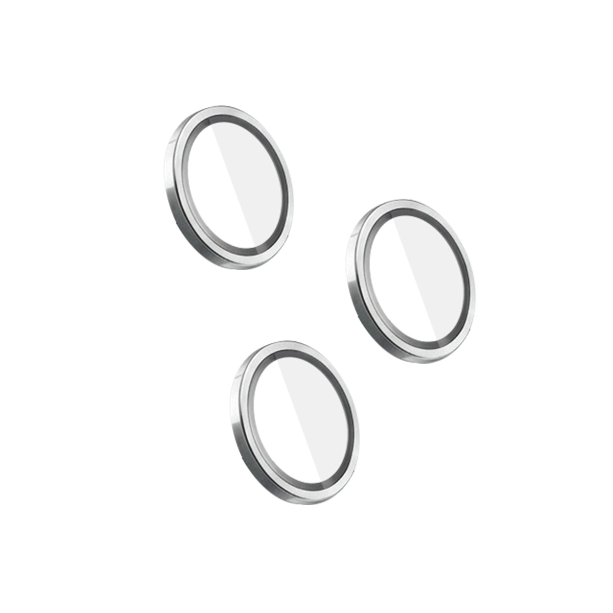 Drie ronde, zilverkleurige lenscovers met helder glas op witte achtergrond.