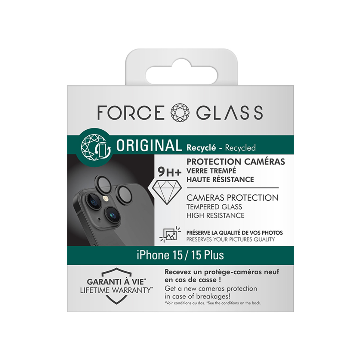 Emballage de protection caméra Force Glass pour iPhone 15/15 Plus.