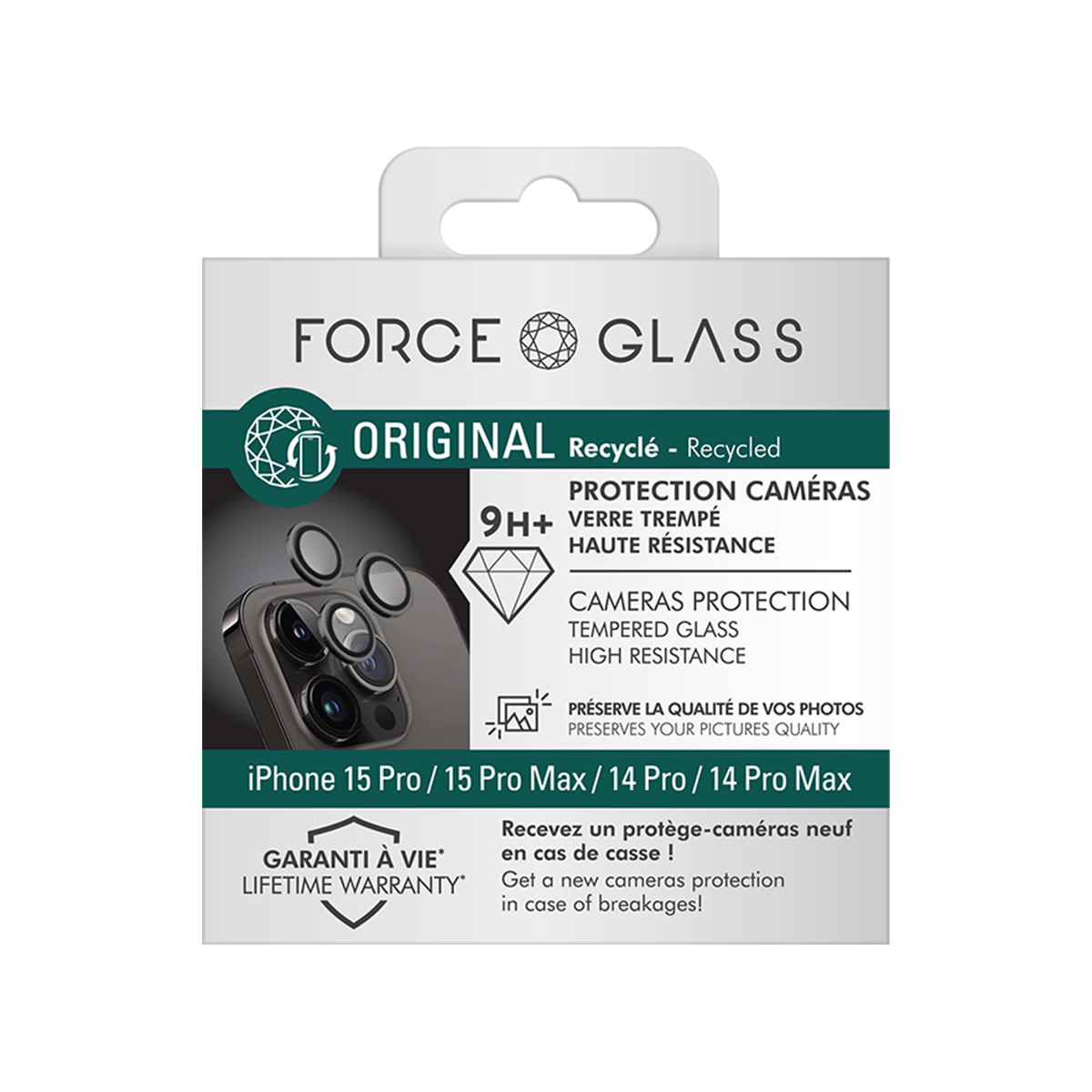 Confezione protettore fotocamera FORCE GLASS per modelli iPhone 15/14 Pro Max.