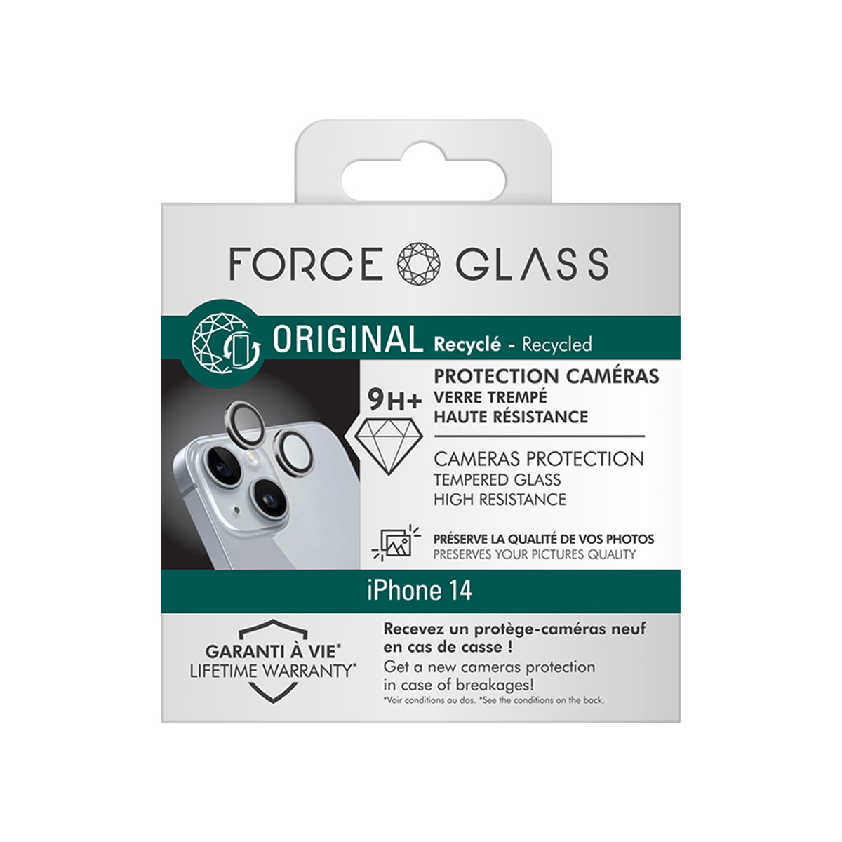 Emballage pour protection caméra iPhone 14 en verre trempé.