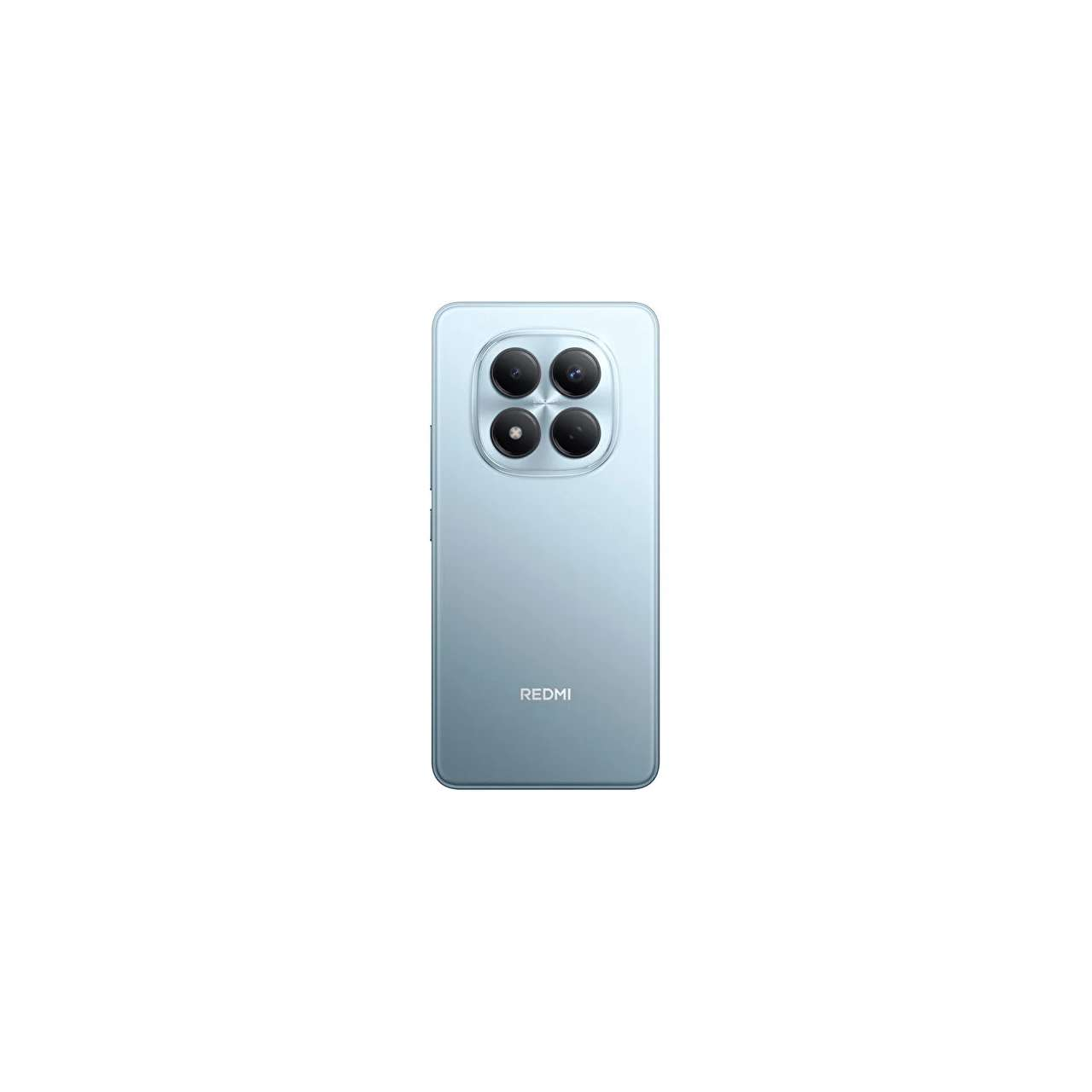 Arkada dört kamerası ve Redmi logosu bulunan açık mavi bir akıllı telefon.