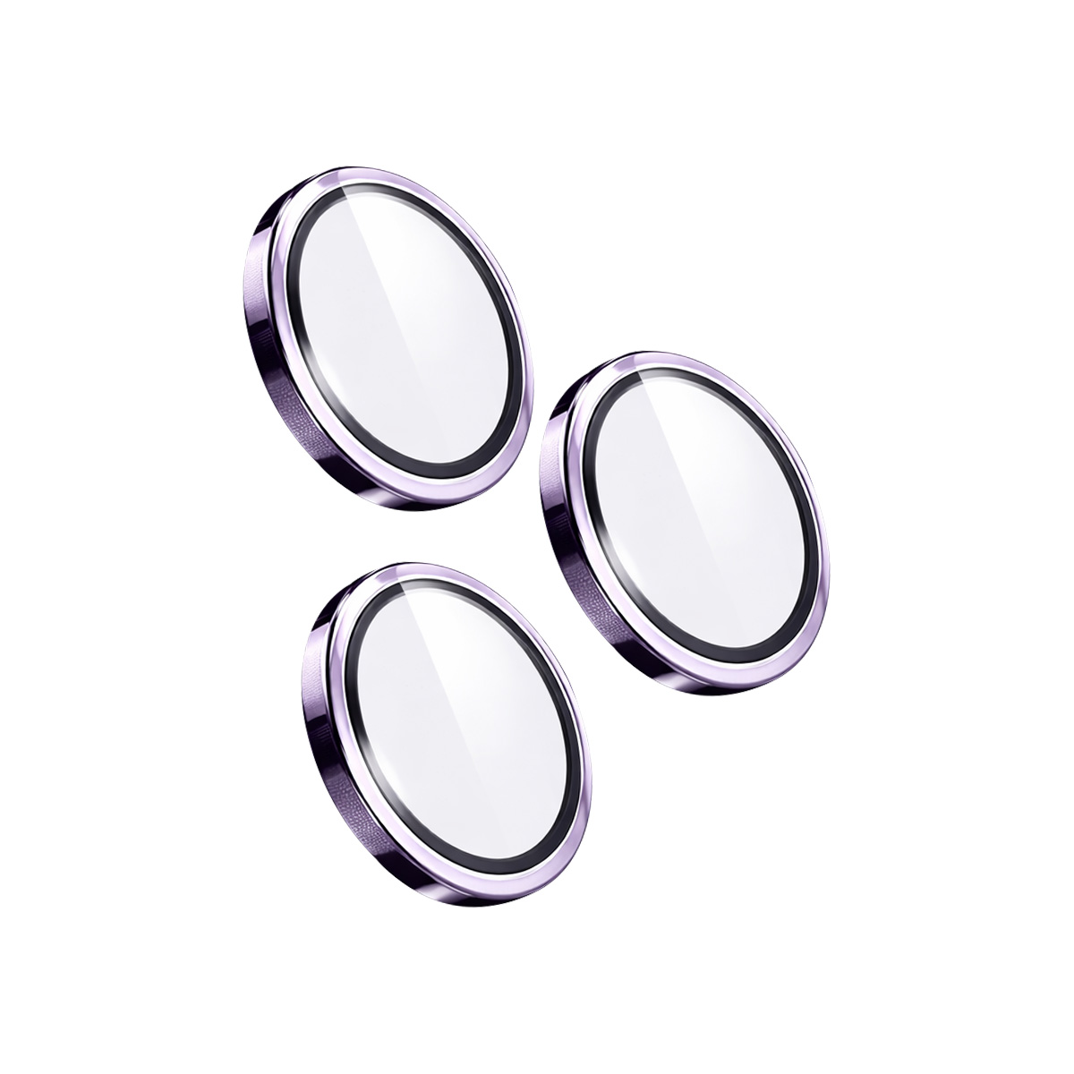 Trois protections d'objectif de caméra de téléphone rondes et violettes.