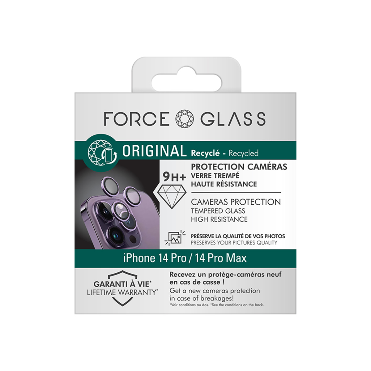Emballage pour protecteur de caméra iPhone 14 Pro en verre trempé.
