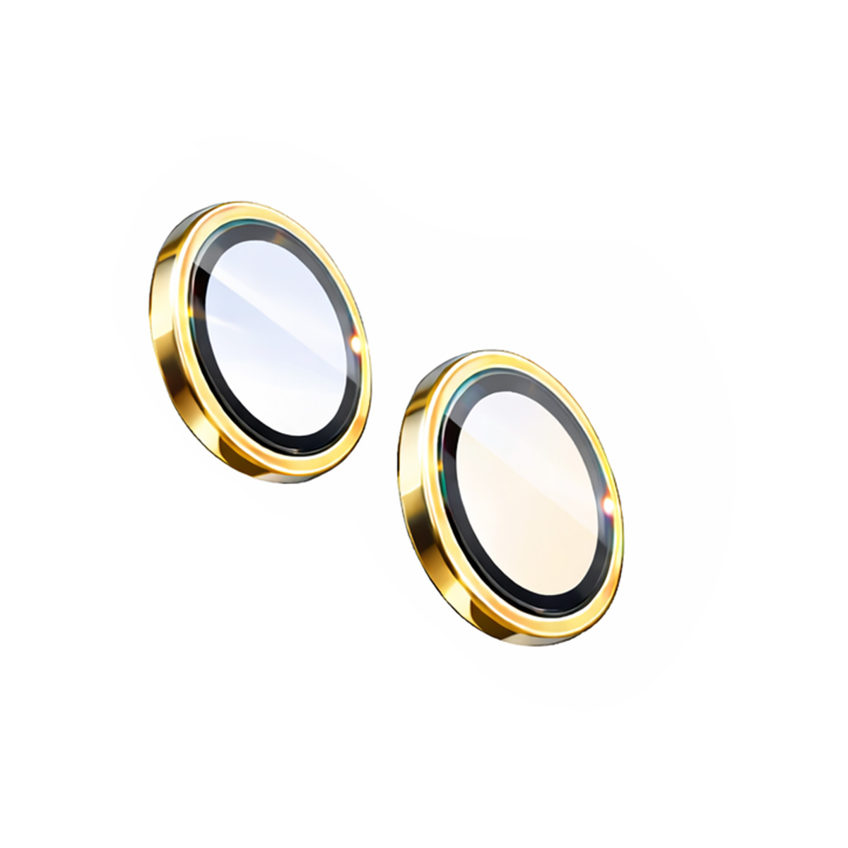 Due protezioni per obiettivo fotocamera rotonde, color oro, su sfondo bianco.