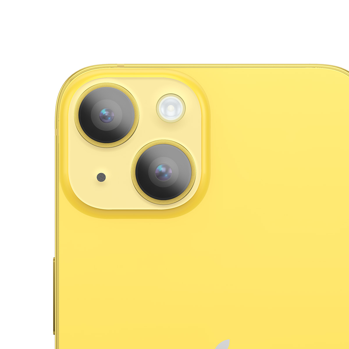 Smartphone giallo con due fotocamere e flash. Primo piano del retro.