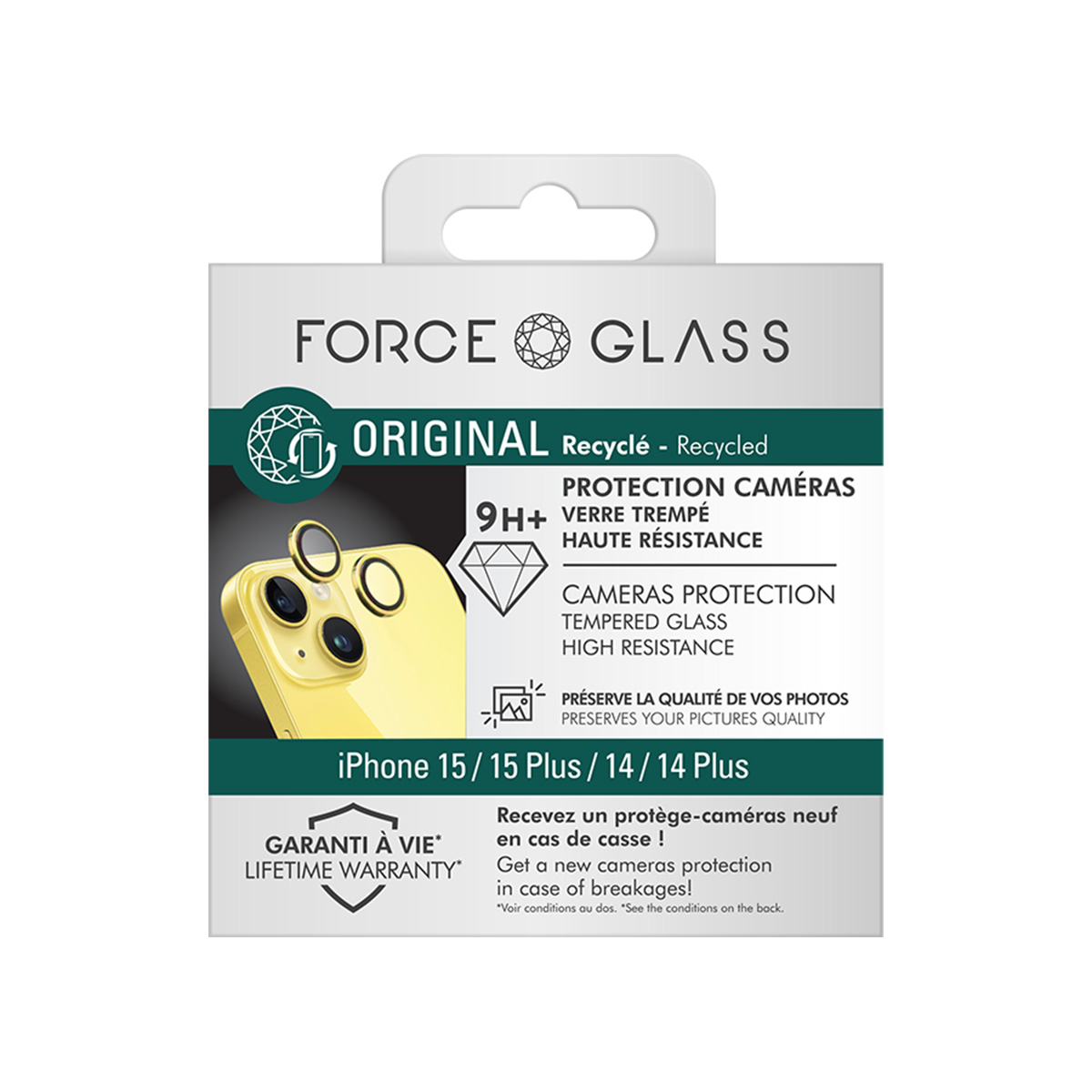 Confezione protettore fotocamera Force Glass per iPhone. Telefono giallo visibile.