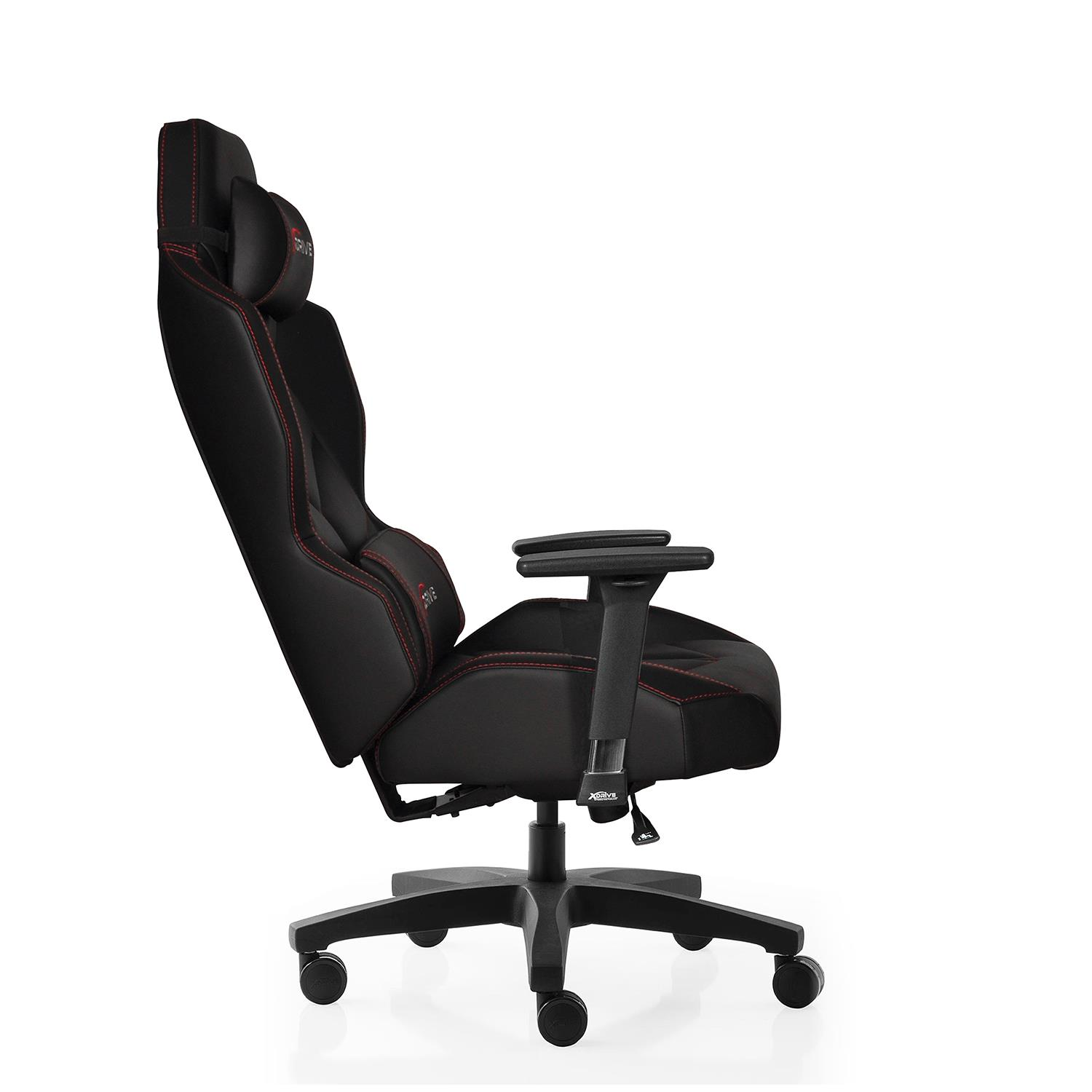Kırmızı dikişli siyah ergonomik sandalye, ayarlanabilir kolçaklar ve başlık.