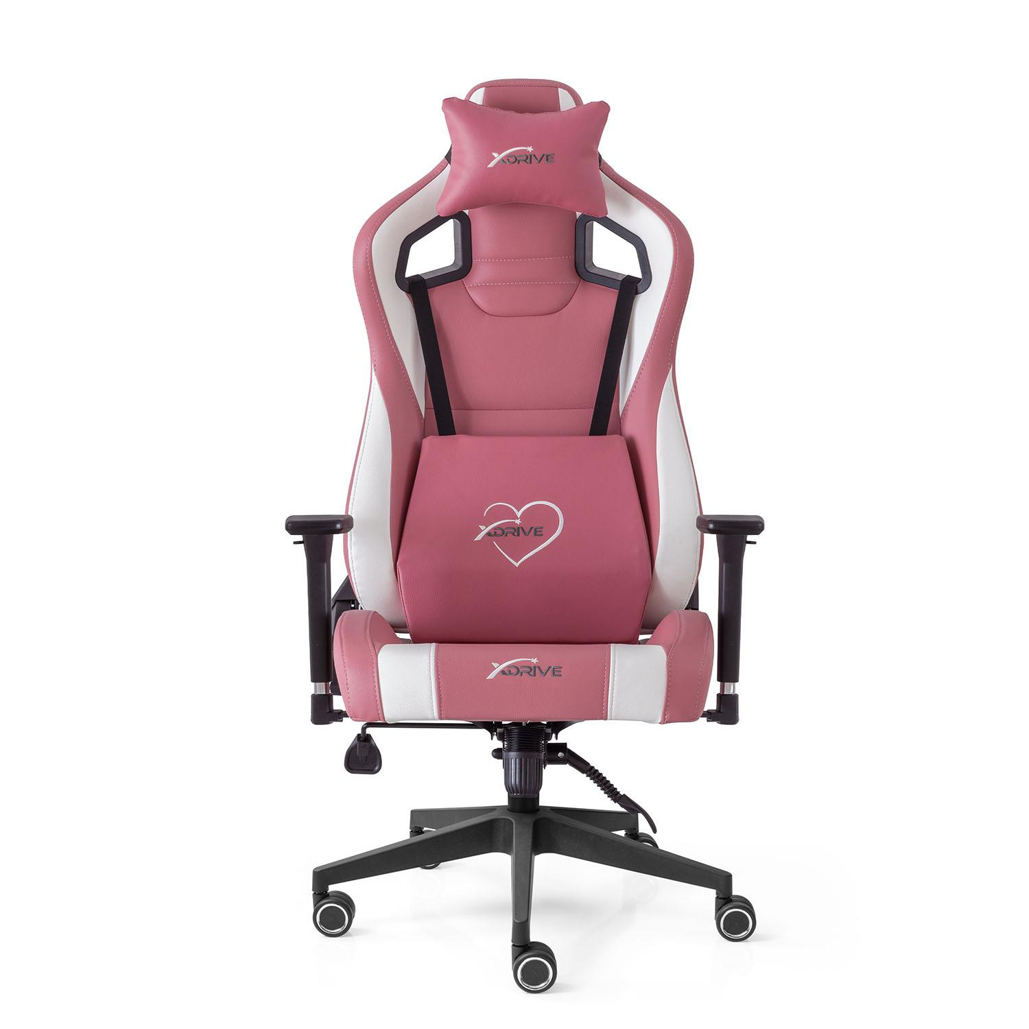 Baş ve bel yastıklı pembe ve beyaz oyuncu koltuğu.