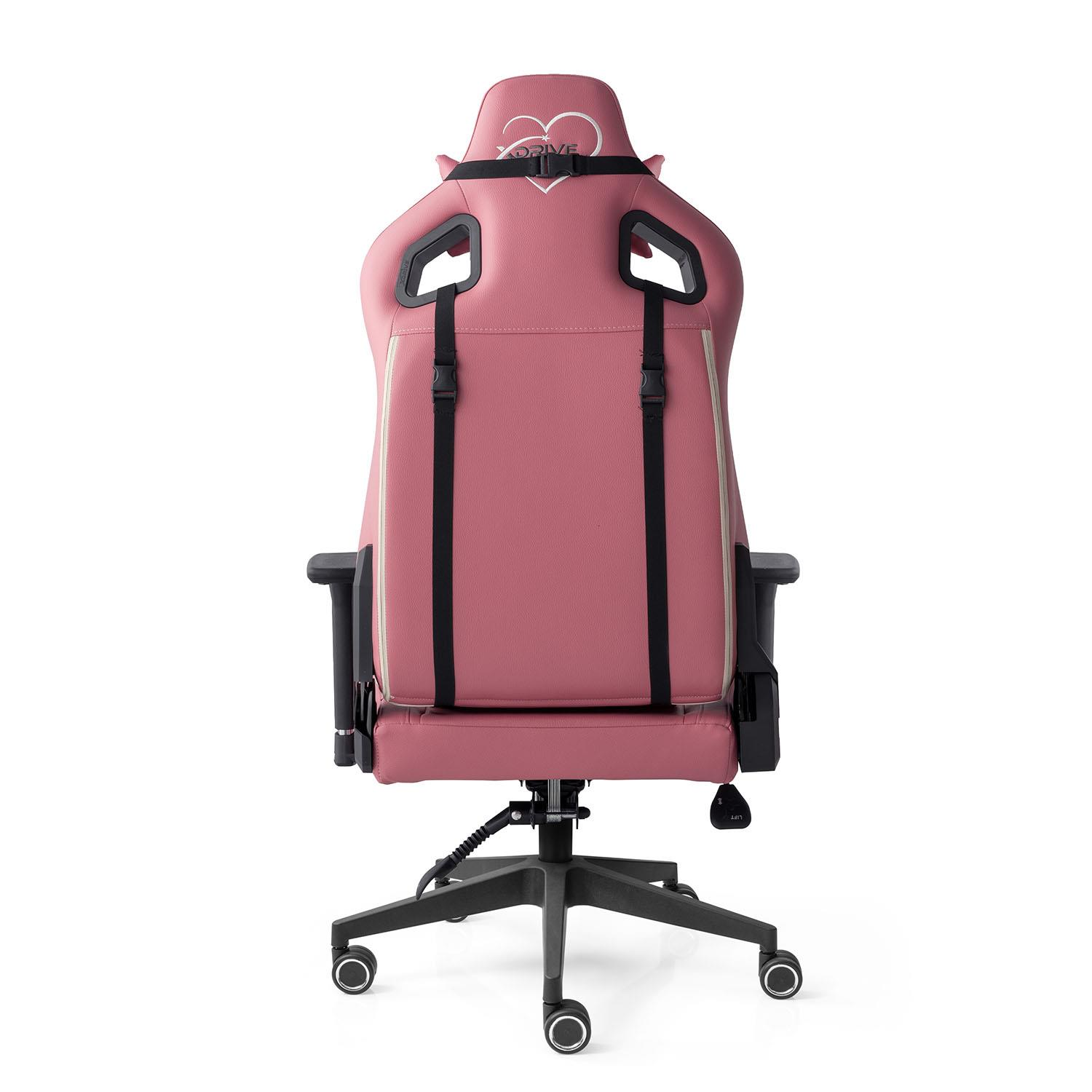 Pembe oyuncu koltuğu, siyah çapraz tabanlı ve tekerlekli. Üstte kalp logosu.
