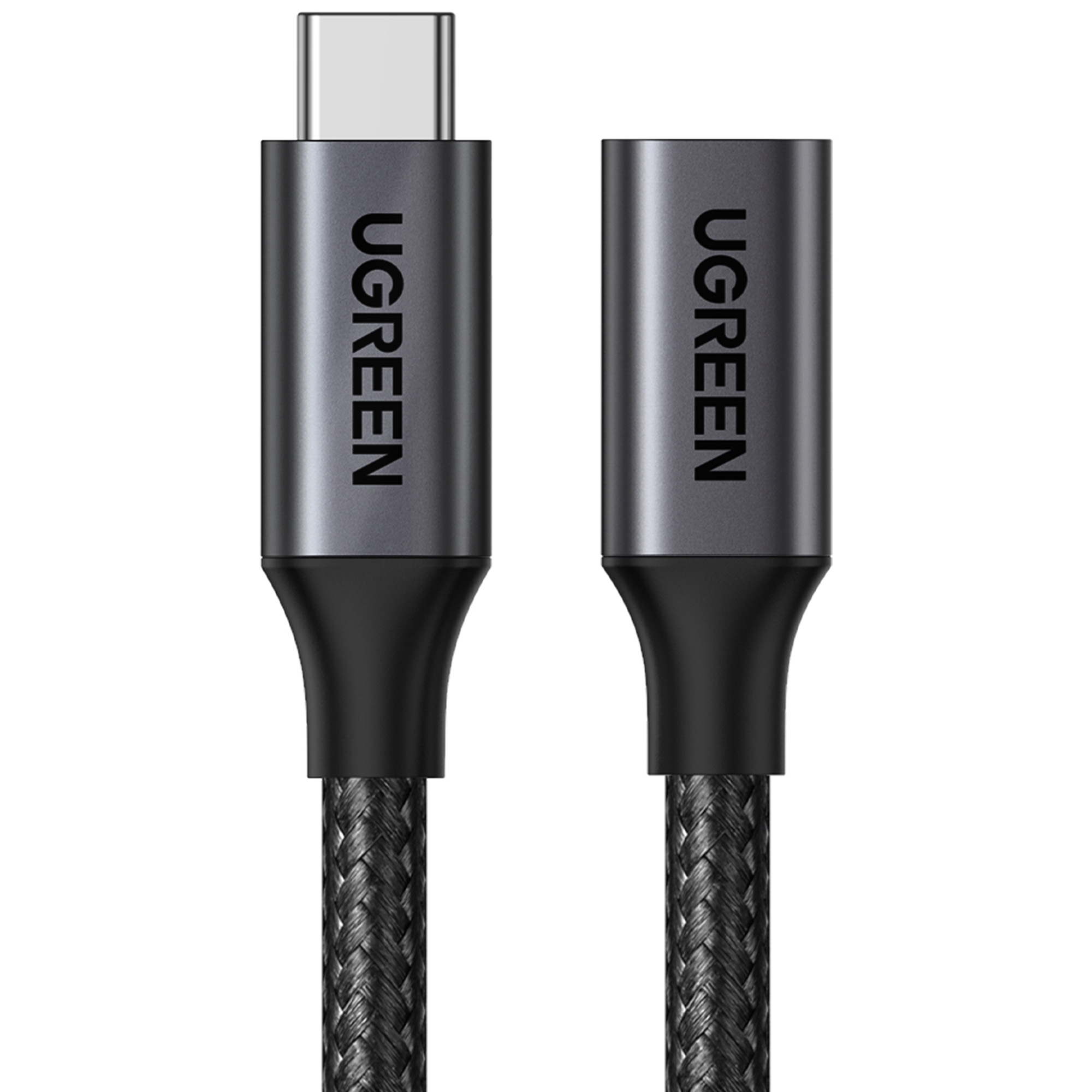 Due estremità cavo USB-C UGREEN grigie con treccia nera. Sfondo bianco.