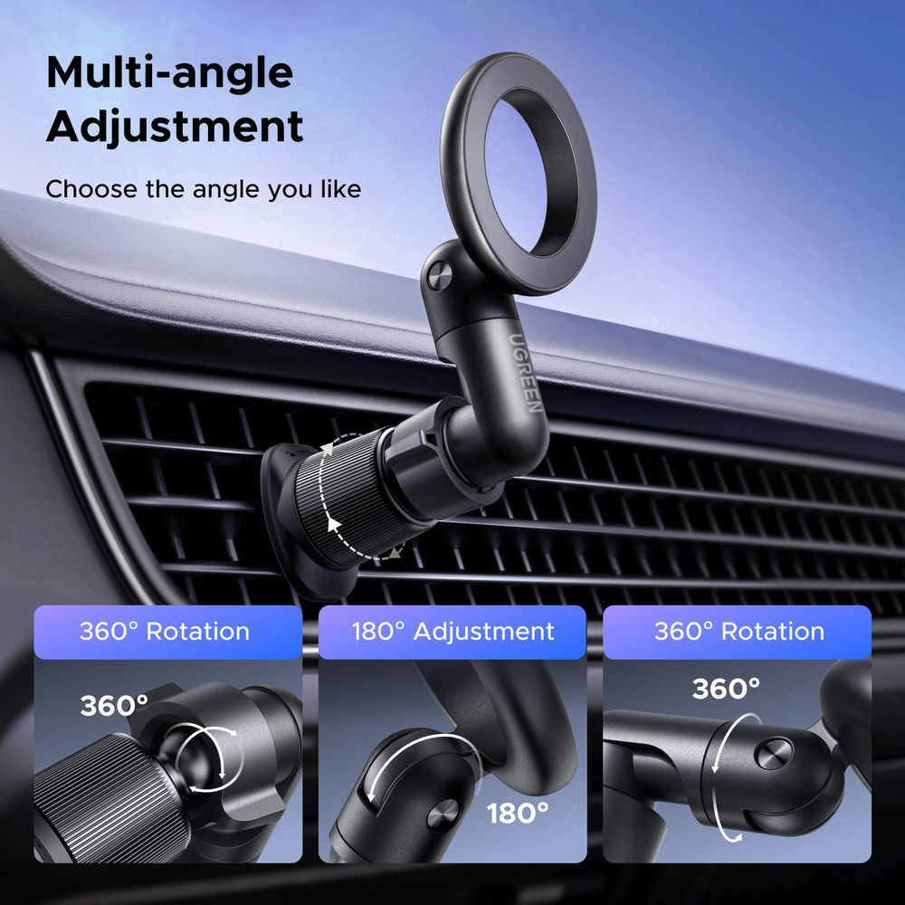 Czarny uchwyt na telefon z regulowanym ramieniem jest przymocowany do kratki wentylacyjnej samochodu.
