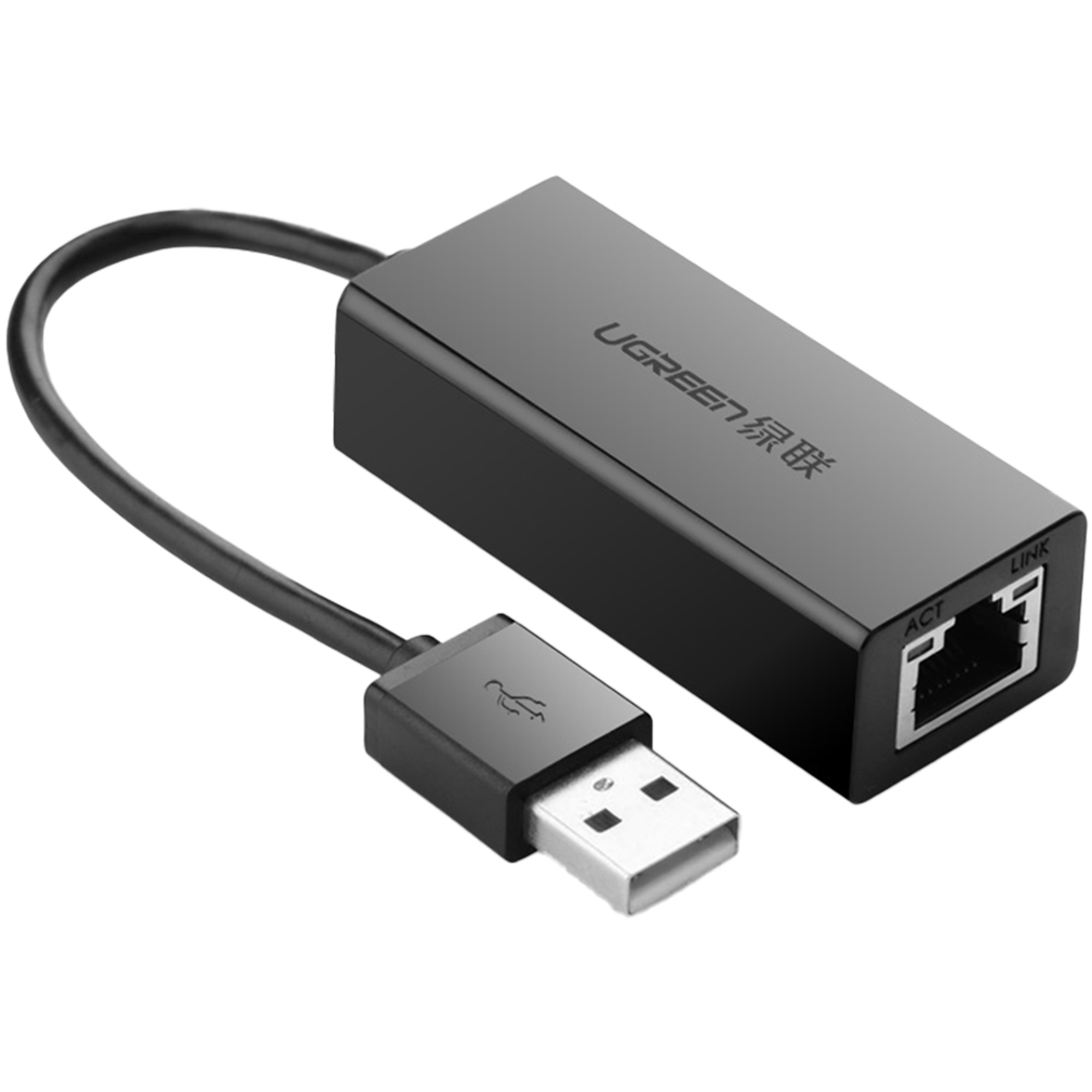Czarny adapter USB na Ethernet z logo UGREEN i portem RJ45.