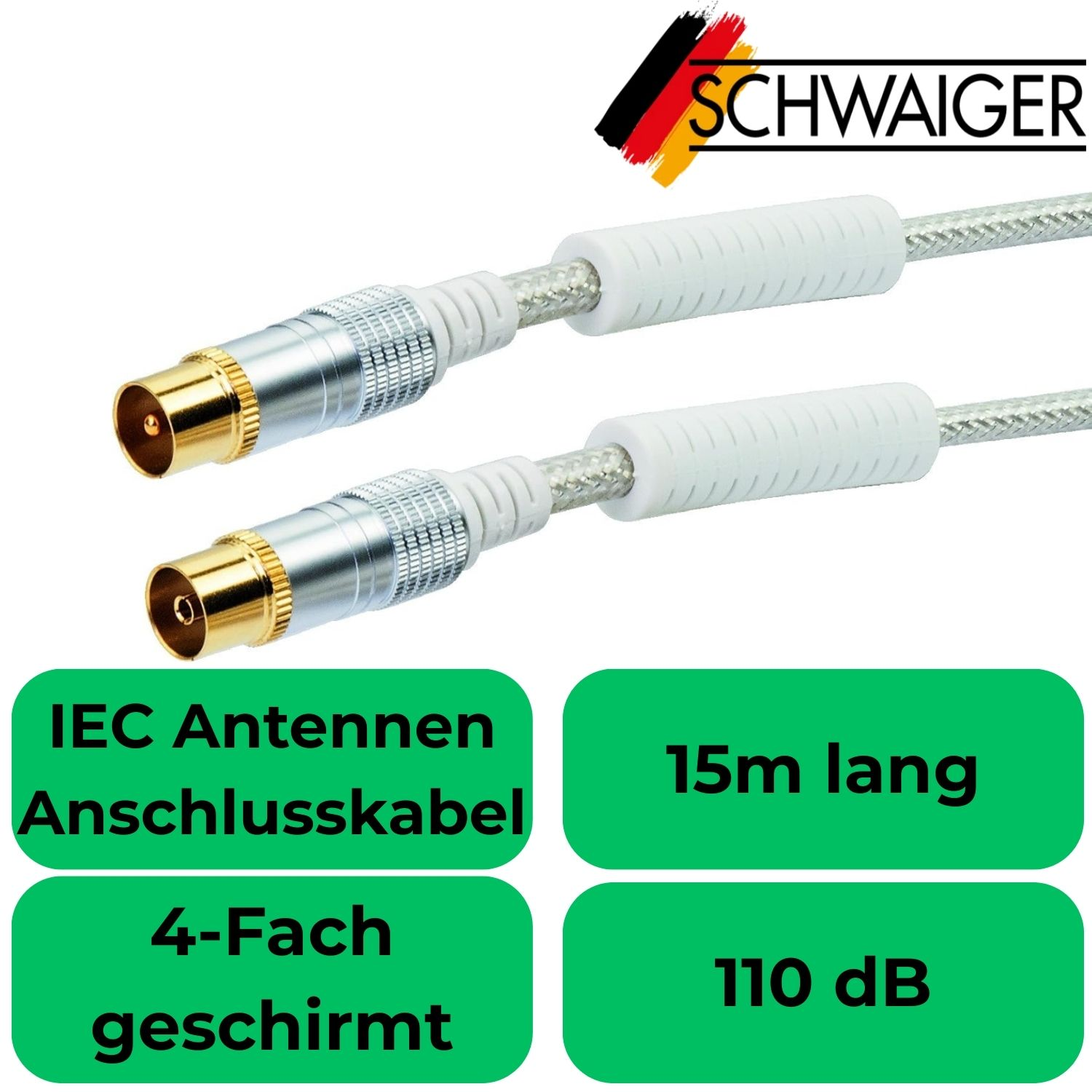 Zwei weiße Antennenkabel mit goldenen Anschlüssen, 15m lang, 4-fach geschirmt, 110 dB.