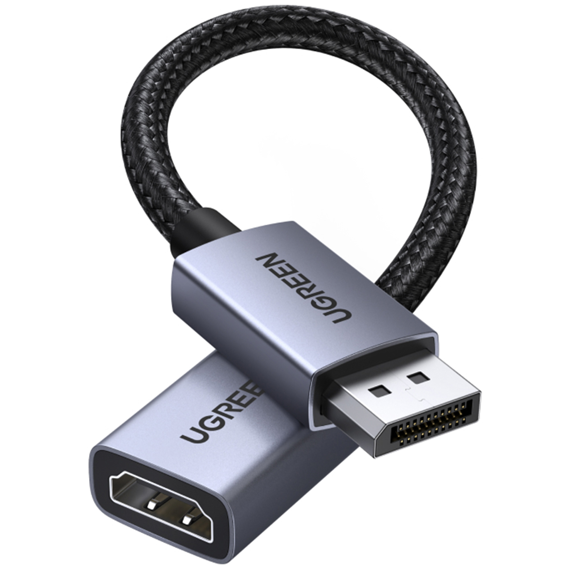 Szary adapter z portami DisplayPort i HDMI oraz czarnym kablem.