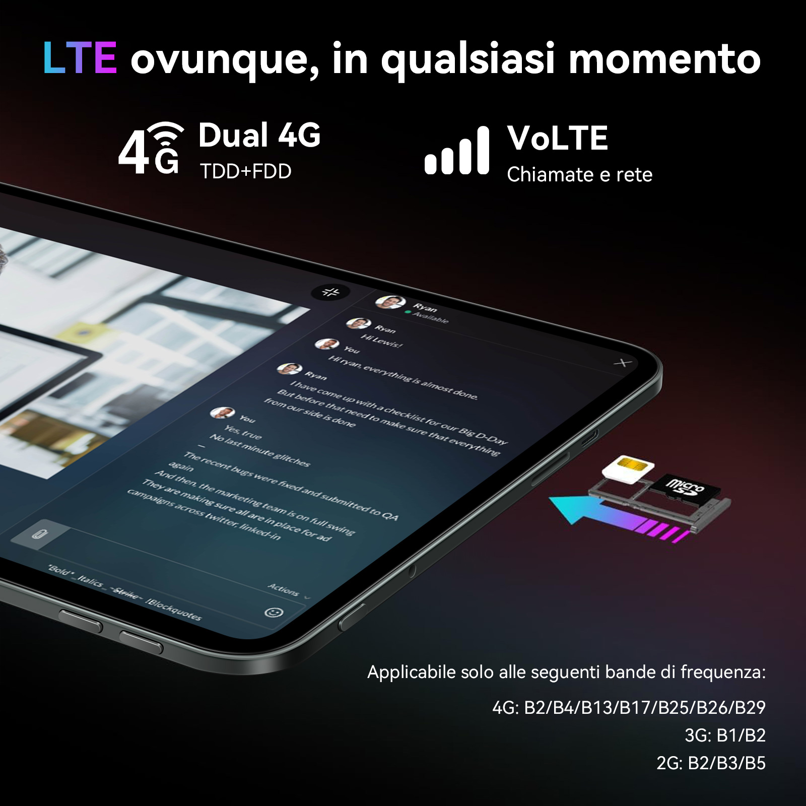 Smartphone mostra app chat, icone Dual 4G e VoLTE, e vassoio SIM/SD.