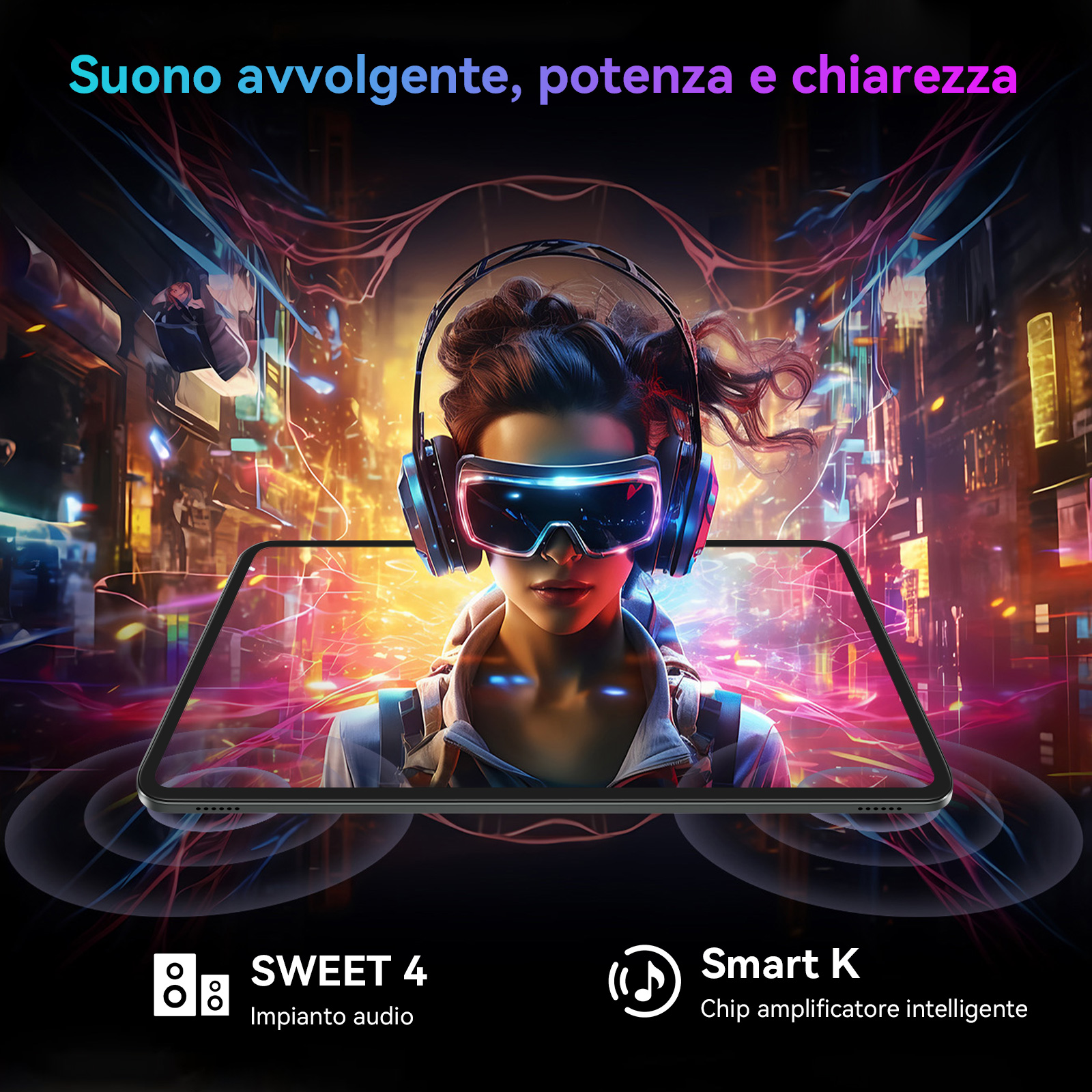 Donna con cuffie e occhiali VR davanti città futuristica. Simbolo audio.
