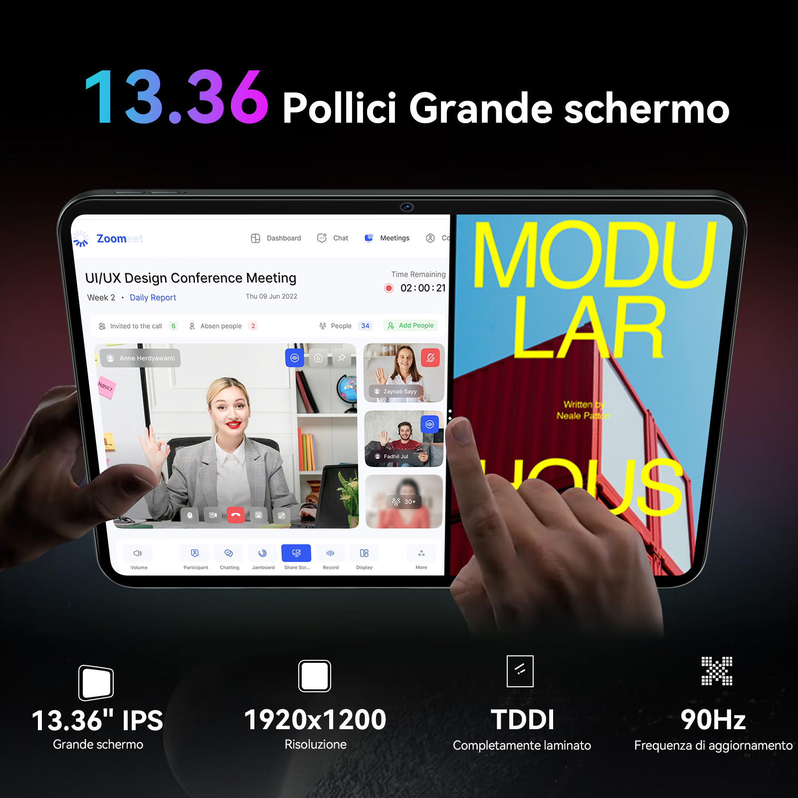 Un tablet mostra una videoconferenza con quattro persone; copertina di libro a destra.