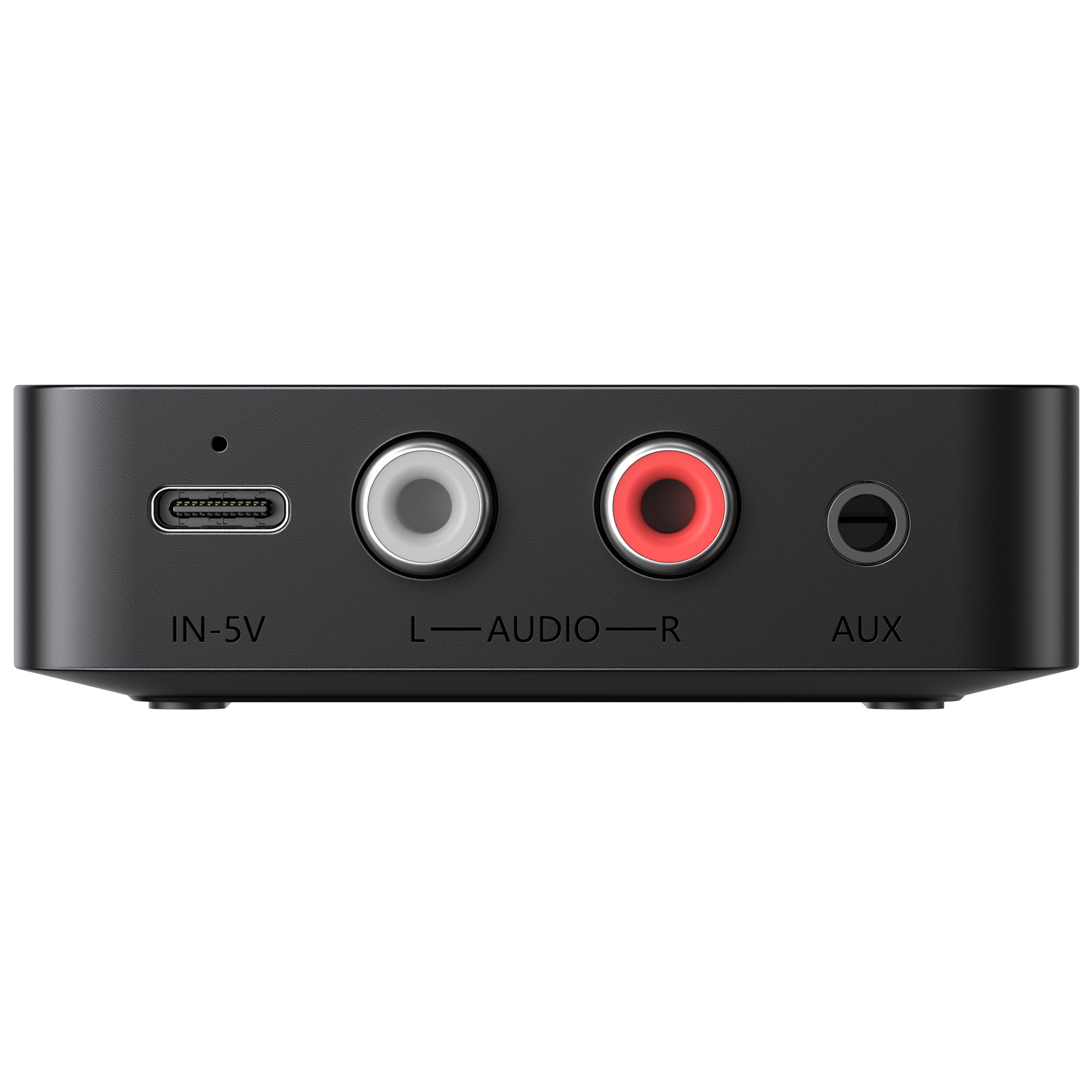 Czarne urządzenie audio z portami USB-C, RCA audio L/R i AUX.