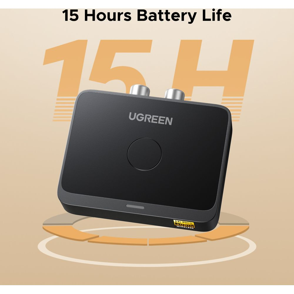 Czarny adapter Bluetooth UGREEN z grafiką 15 godzin pracy na baterii.