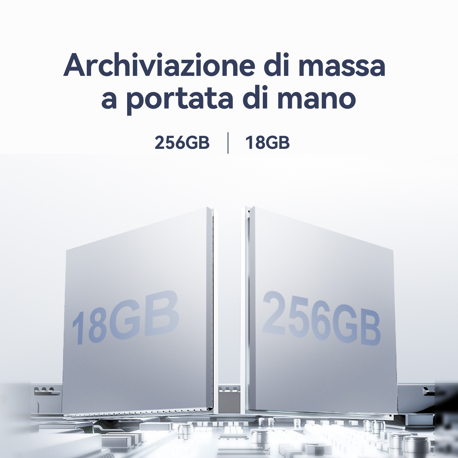 Due pannelli bianchi con numeri blu 18GB e 256GB su un circuito stampato.