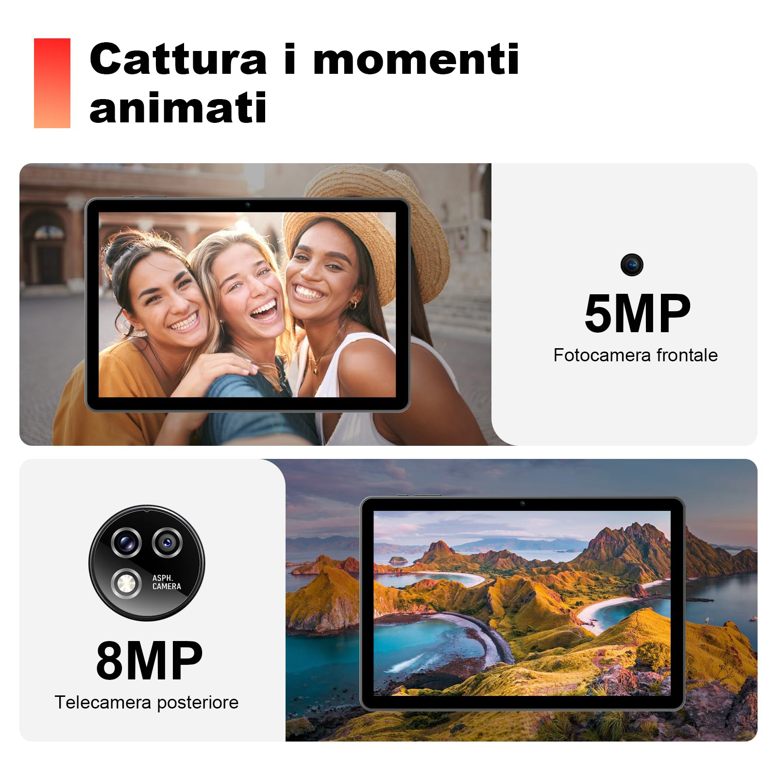 Tre donne sorridenti si scattano un selfie, e un tablet mostra un paesaggio.