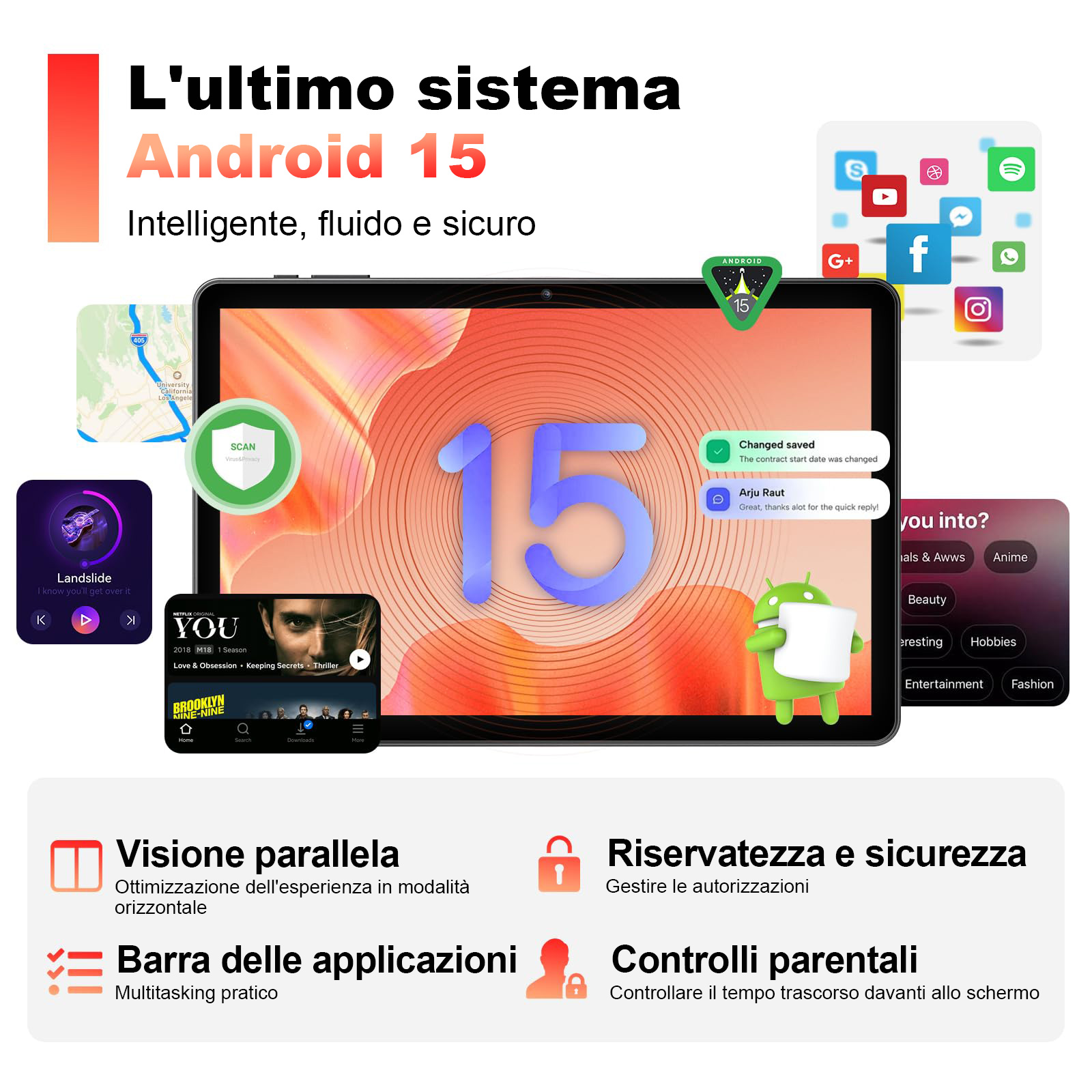 Tablet mostra Android 15 con icone app, notifiche e contenuti multimediali.