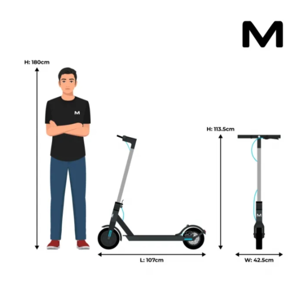 Un uomo accanto a uno scooter. Sono mostrate le dimensioni dello scooter.