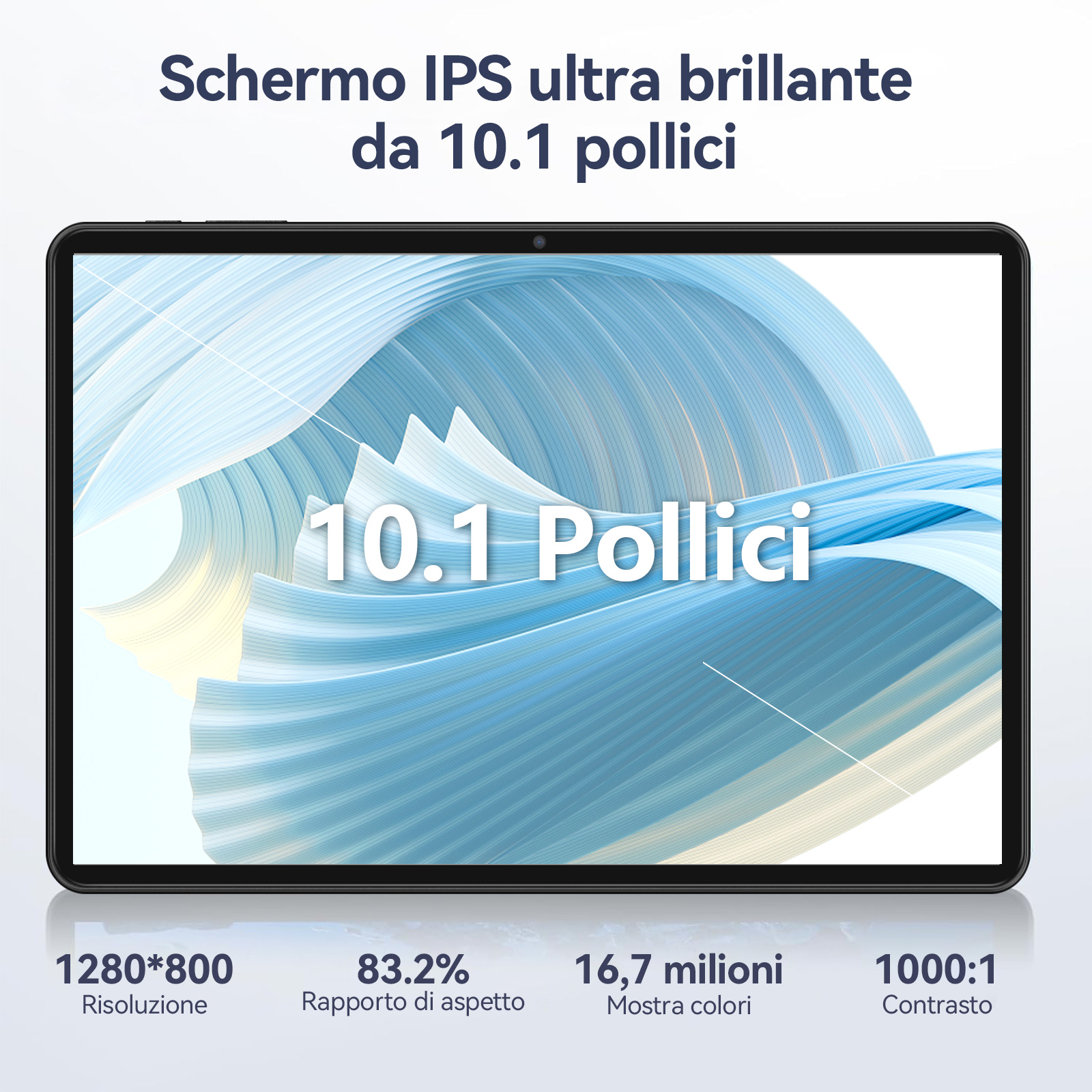 Schermo IPS 10,1 pollici, risoluzione 1280x800, rapporto 83,2%.