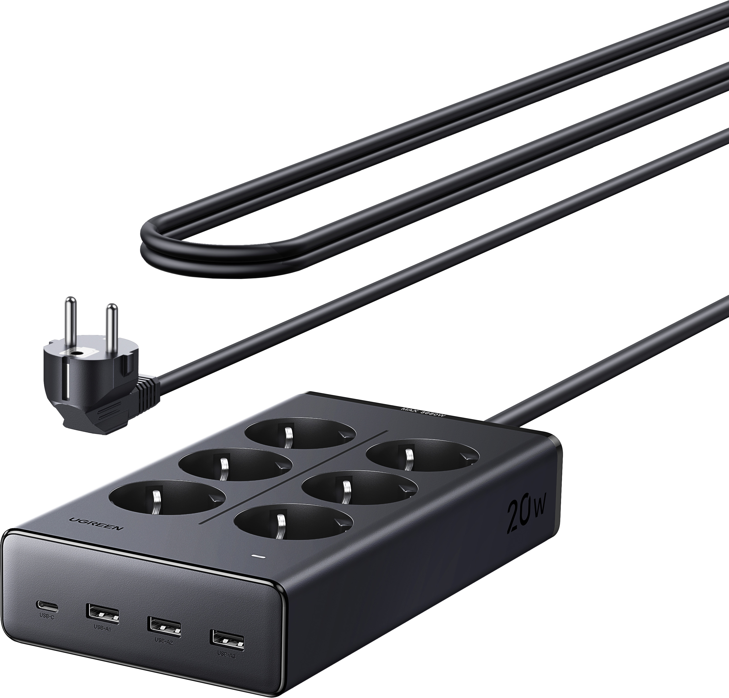 Multipresa nera con 6 prese e 4 porte USB.