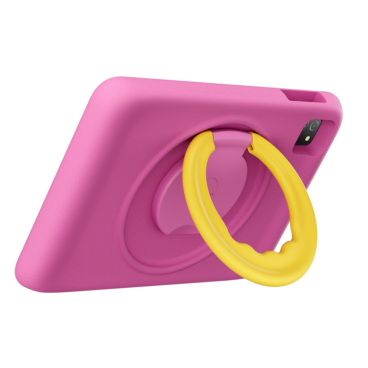 Sarı tutamaklı ve pembe stantlı pembe tablet kılıfı.