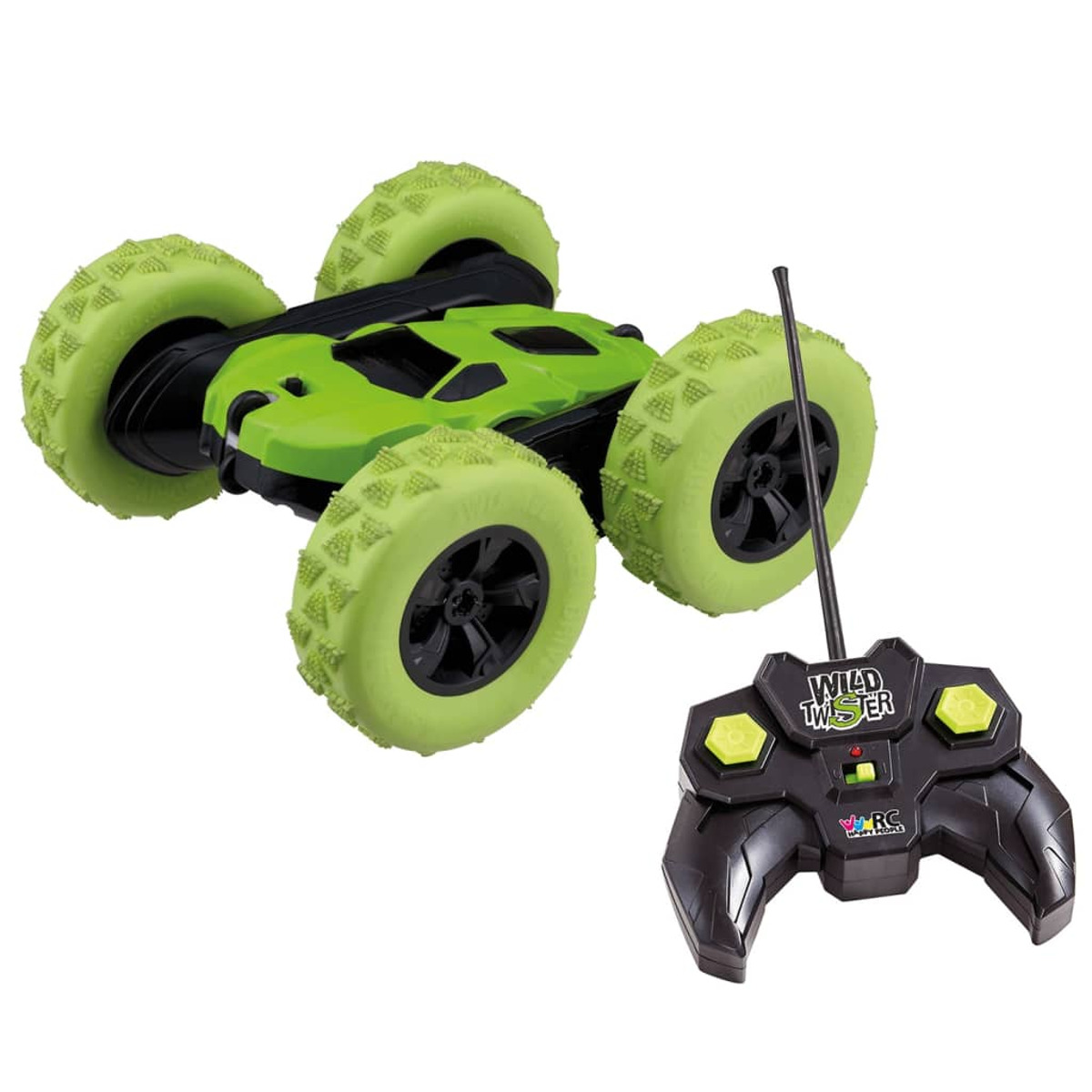 Grünes ferngesteuertes Auto mit schwarzem Controller auf weißem Hintergrund.