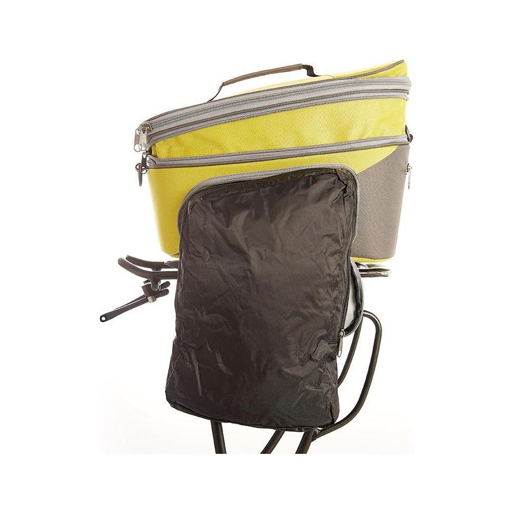 Sacoche de vélo jaune et grise avec housse noire sur un porte-bagages.