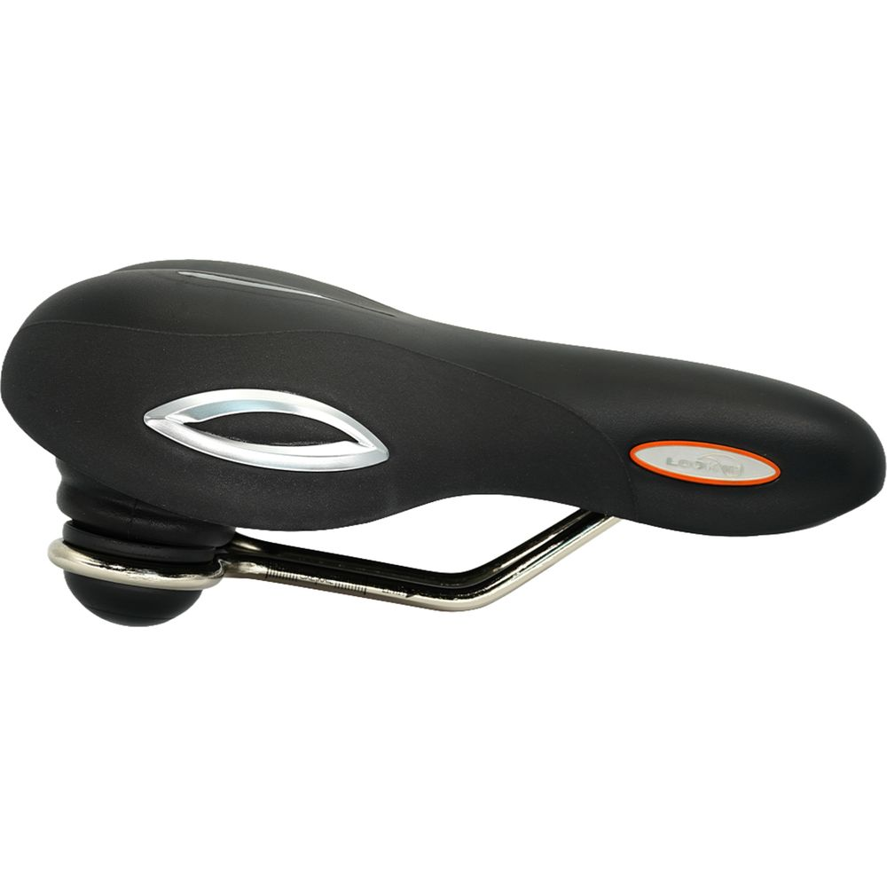 Schwarzer Fahrradsattel mit silbernen Akzenten auf weißem Hintergrund.