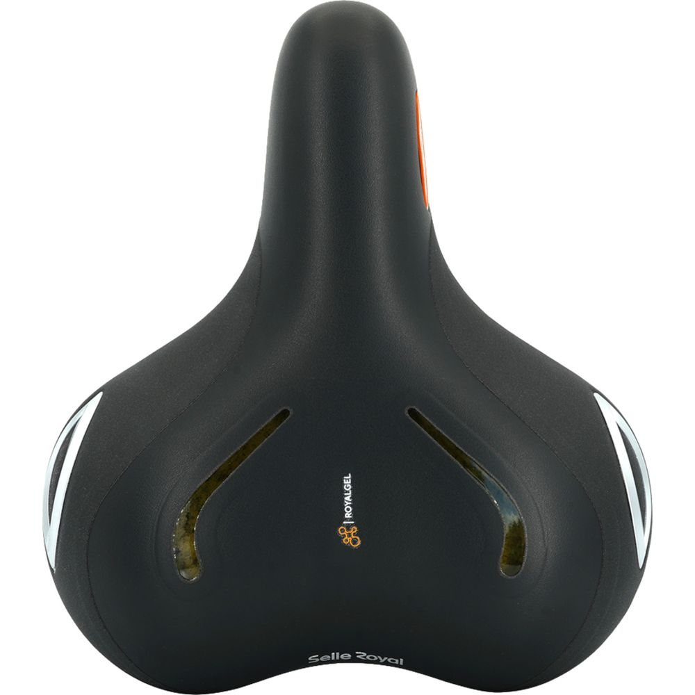 Schwarzer Fahrradsattel mit silbernen Akzenten und Belüftungslöchern.