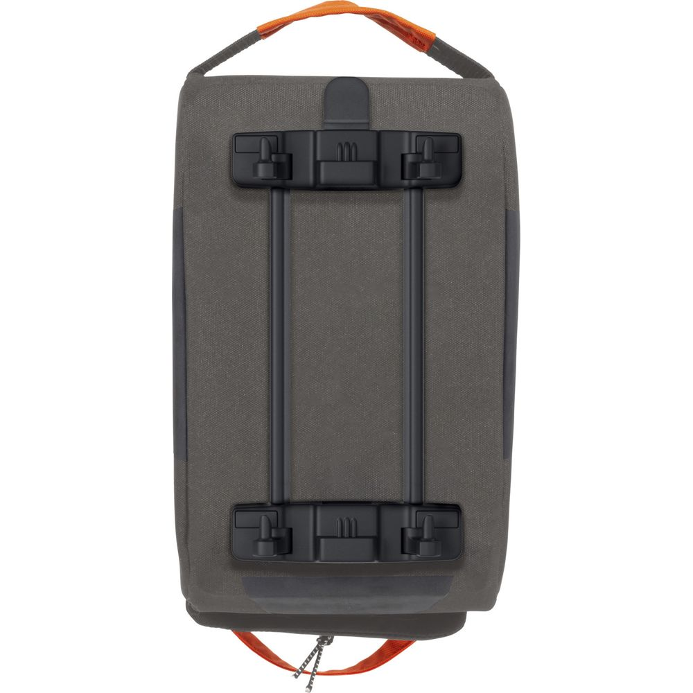 Sac gris avec poignées orange et rails de montage noirs.