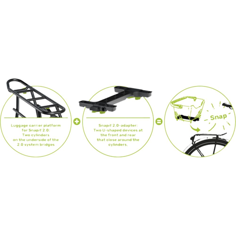 Porte-bagages, adaptateur et panier se fixant sur un vélo.