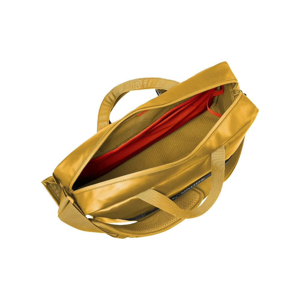 Una borsa gialla con scomparto aperto, fodera rossa, cinghie e cerniera.