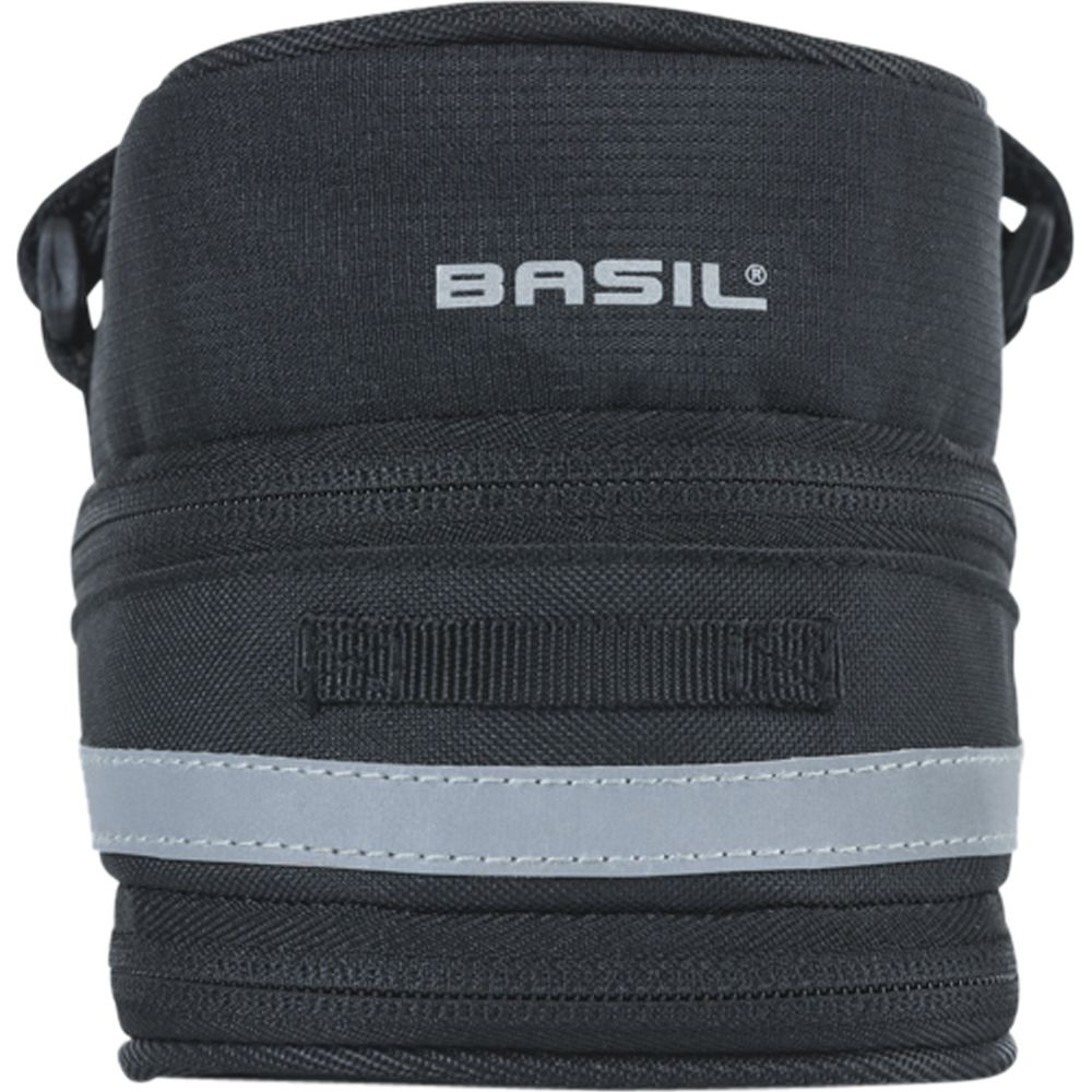 Sacoche de vélo noire avec bande réfléchissante et logo BASIL.