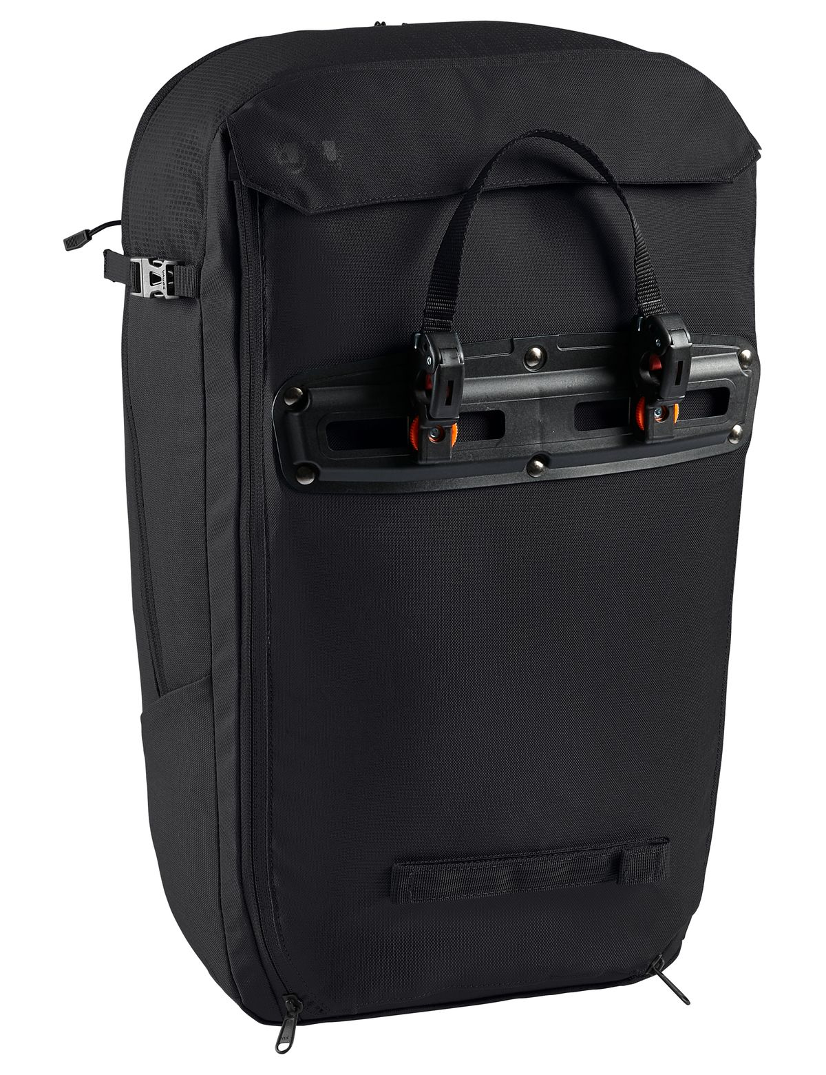 Borsa da bicicletta nera con sistema di aggancio e maniglia.