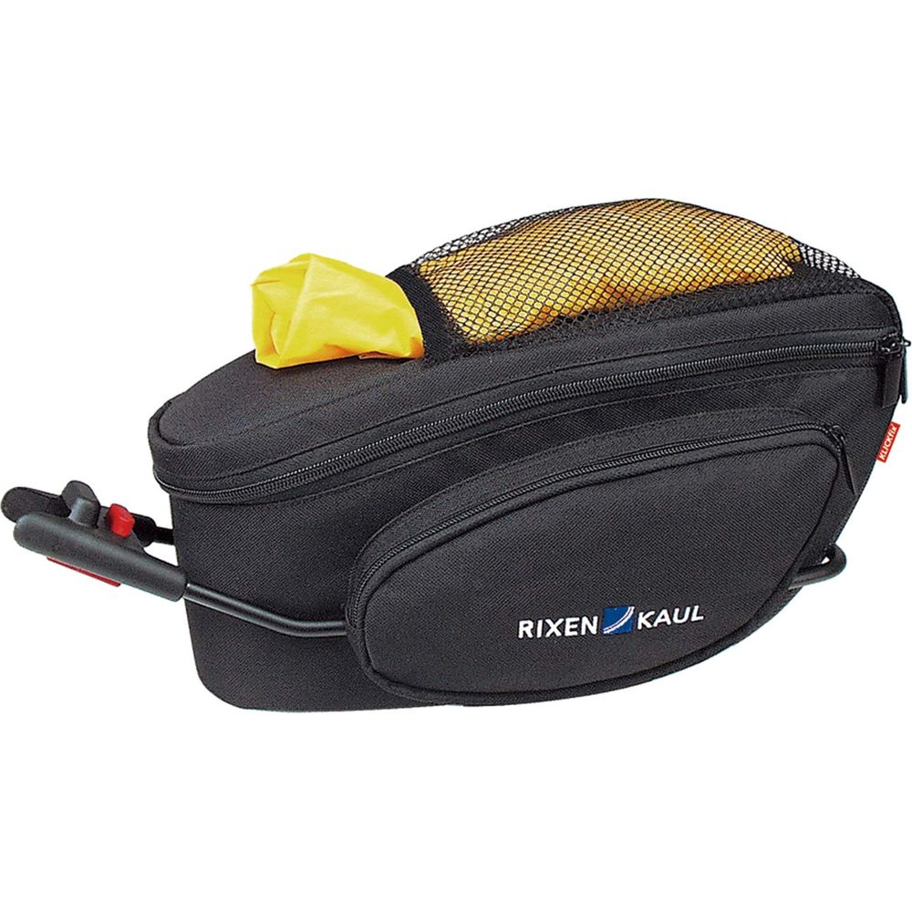 Sacoche de vélo noire avec pochette jaune et dessus en mesh. Marque Rixen Kaul.